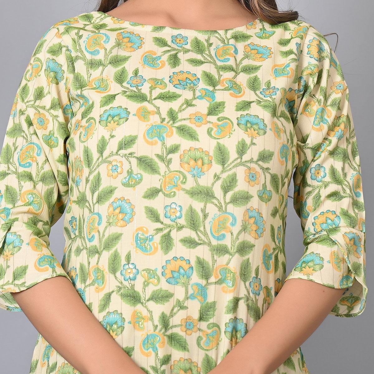 Green Floral Printed Rayon Top - Peachmode