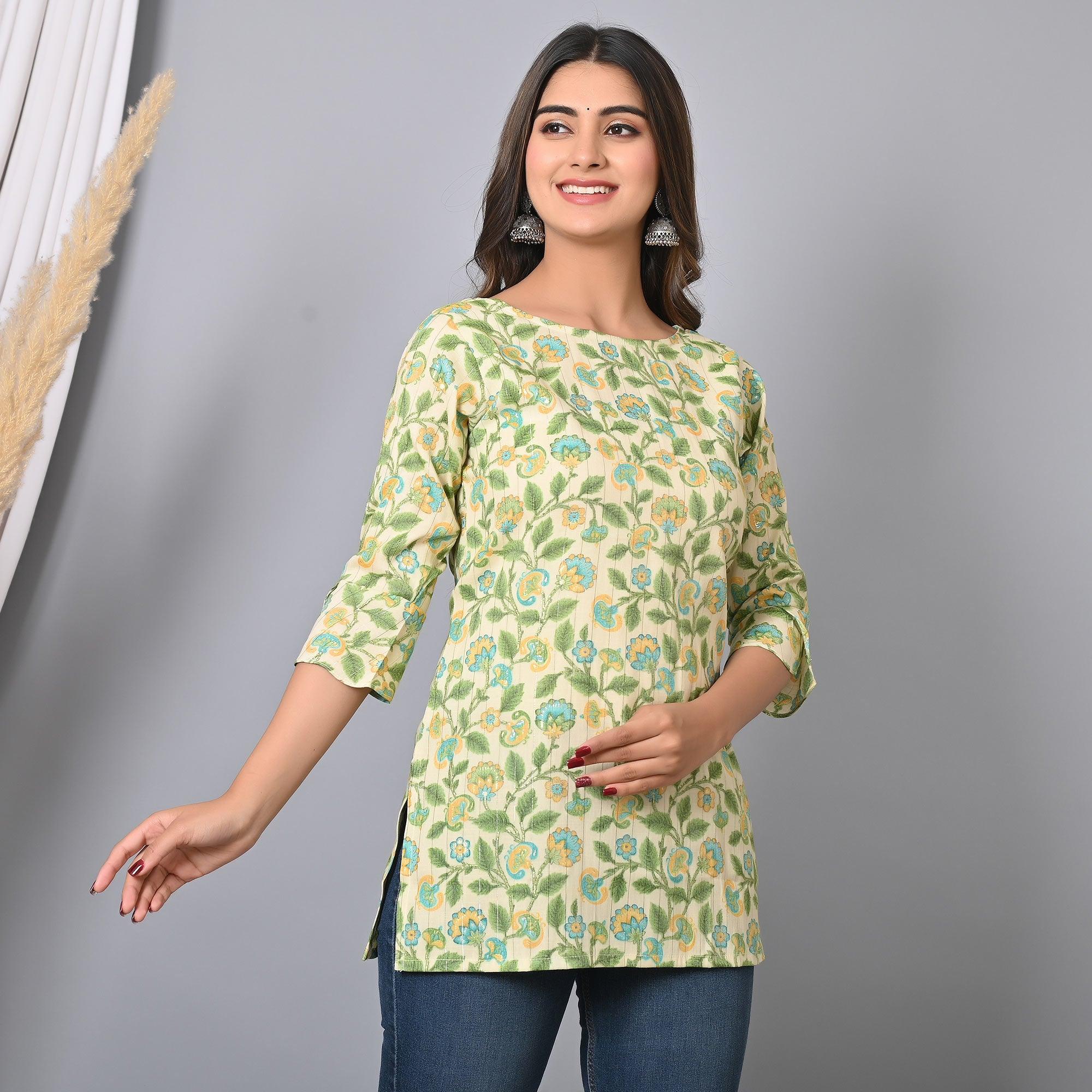 Green Floral Printed Rayon Top - Peachmode
