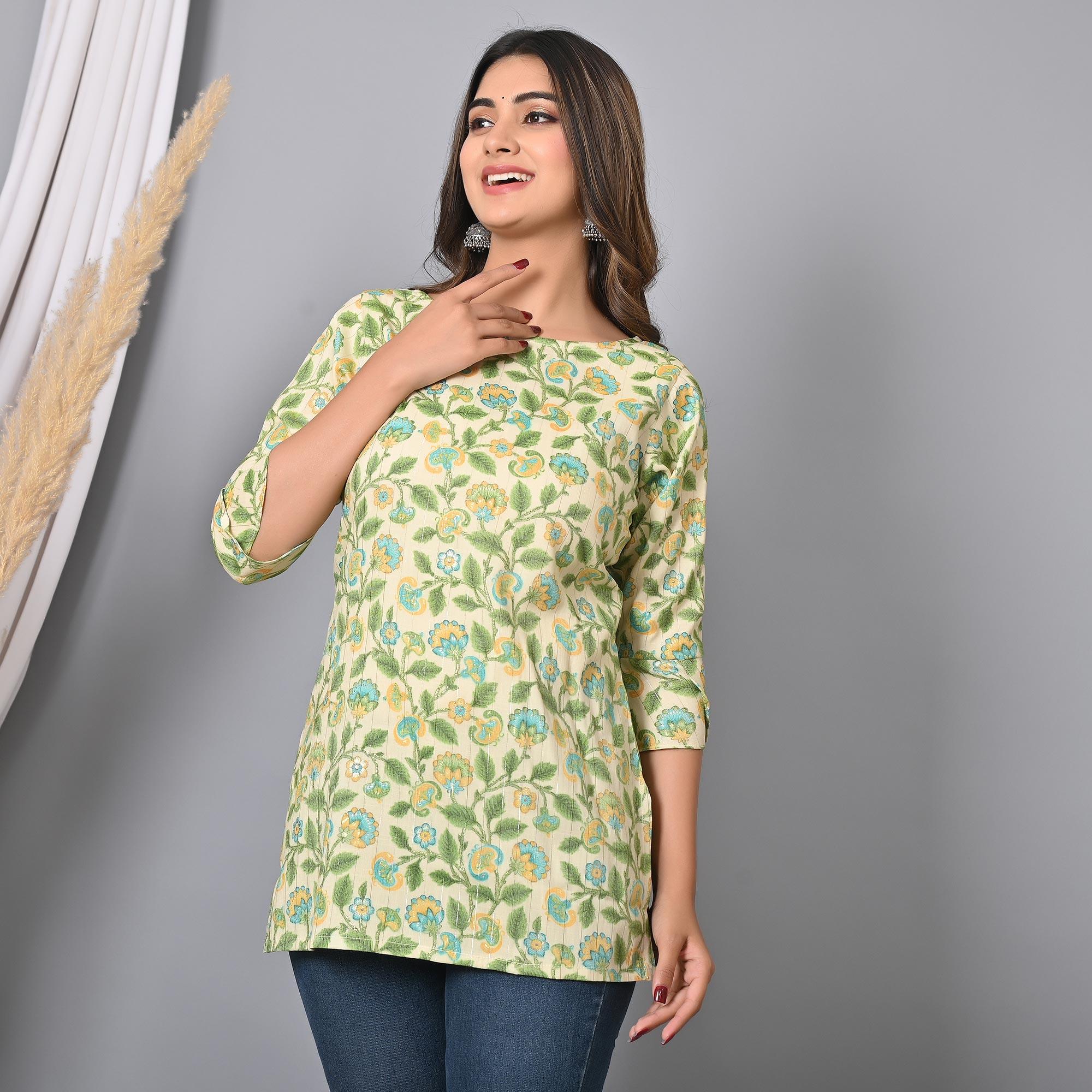 Green Floral Printed Rayon Top - Peachmode