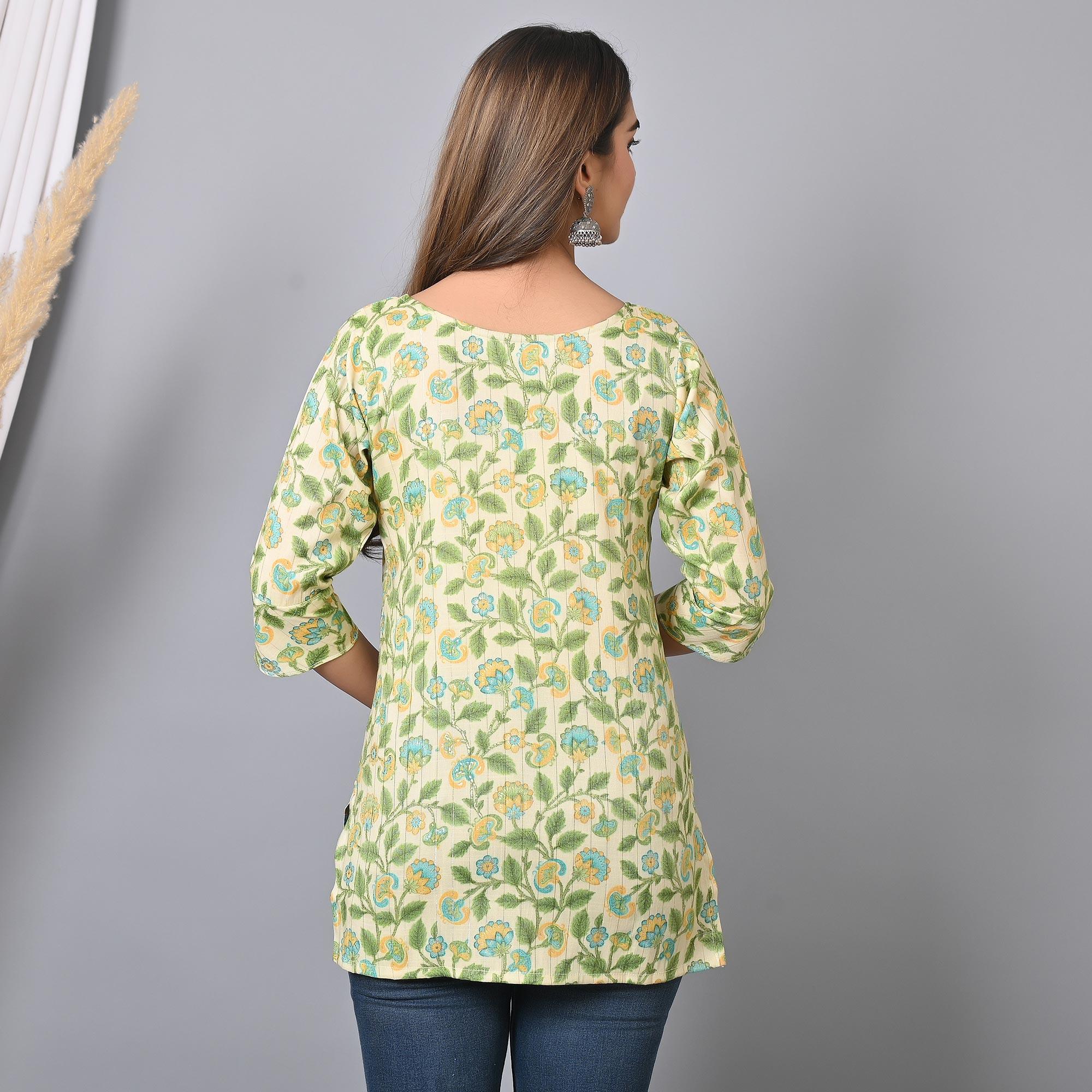 Green Floral Printed Rayon Top - Peachmode