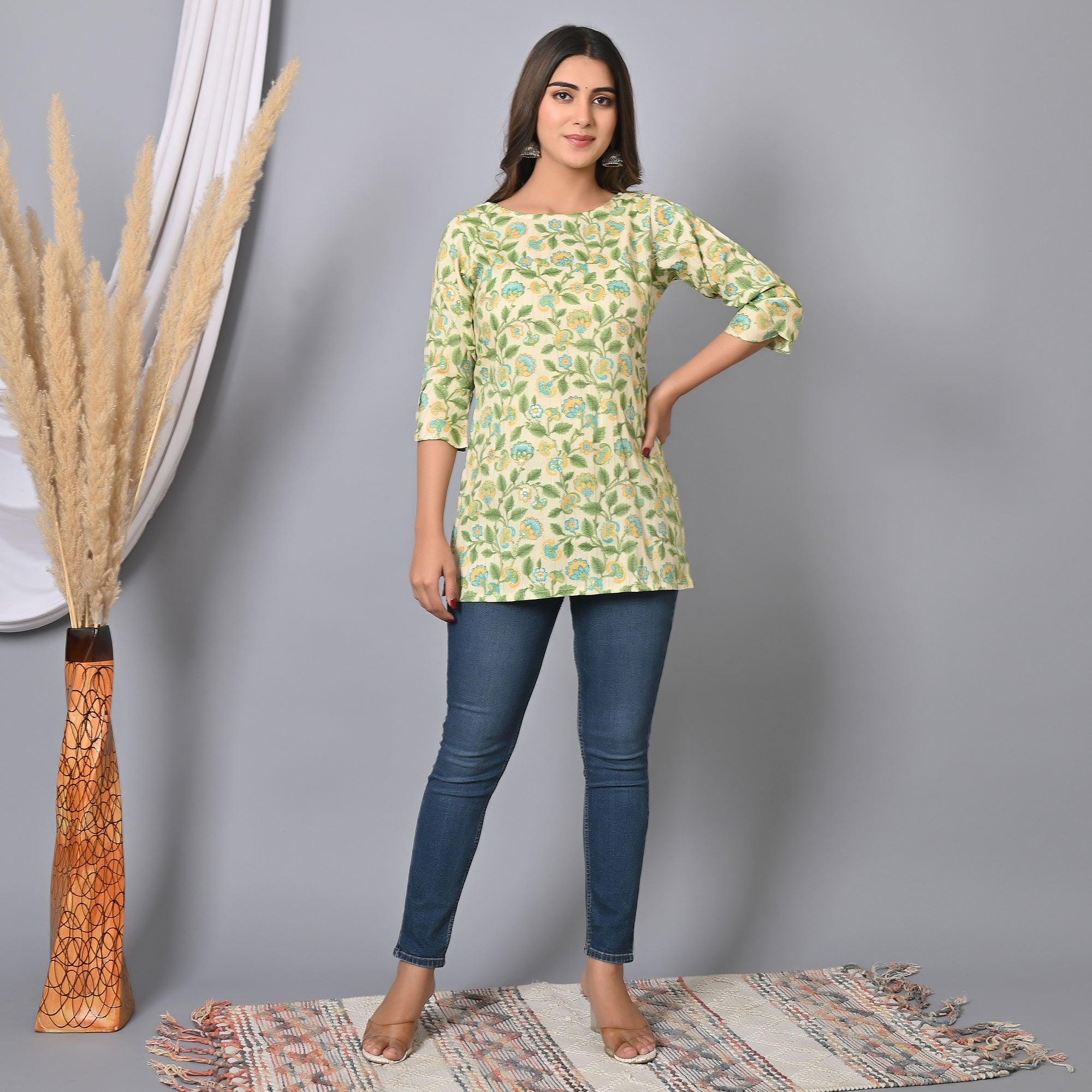 Green Floral Printed Rayon Top - Peachmode