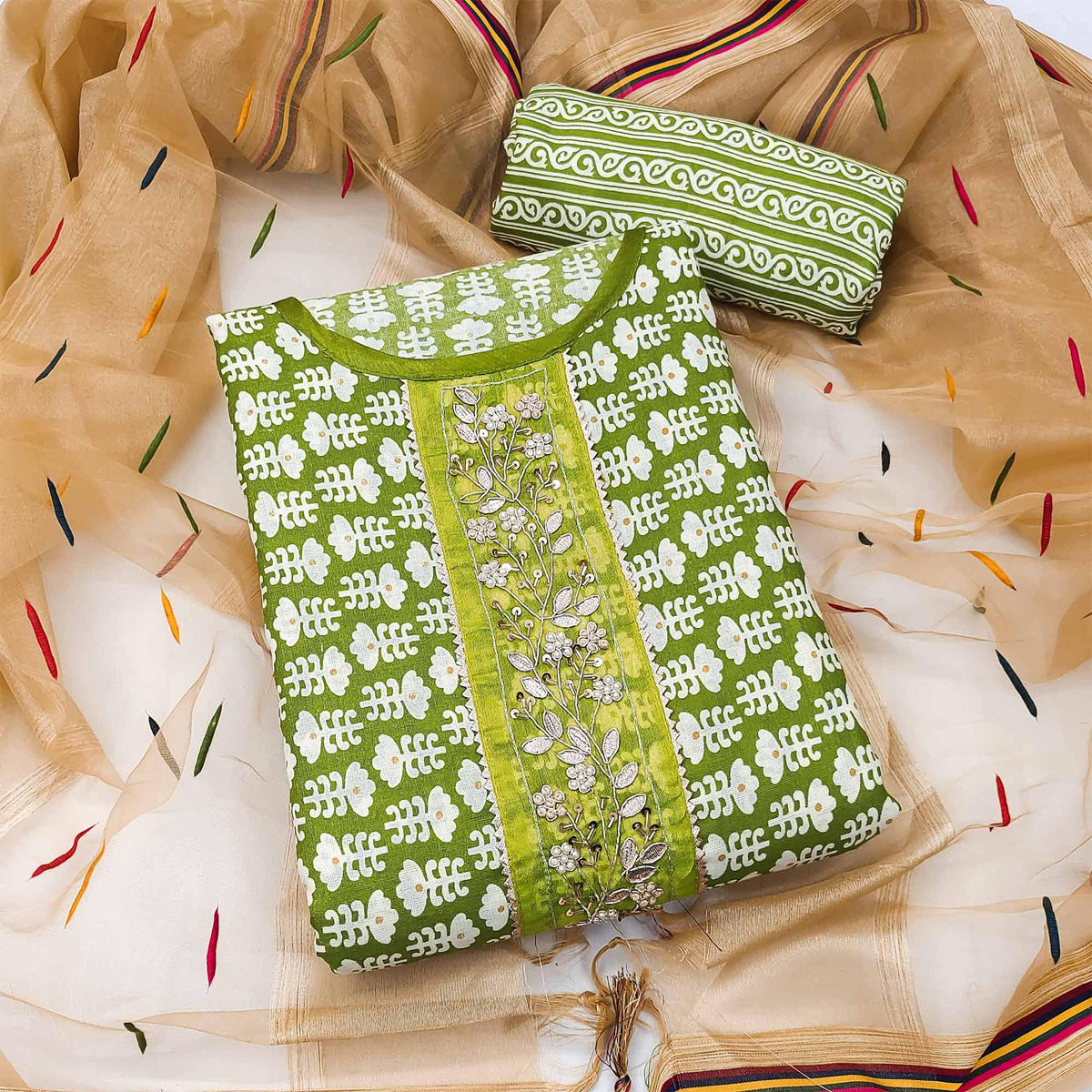 Green Floral Printed With Embellished Cotton Blend Dress Material