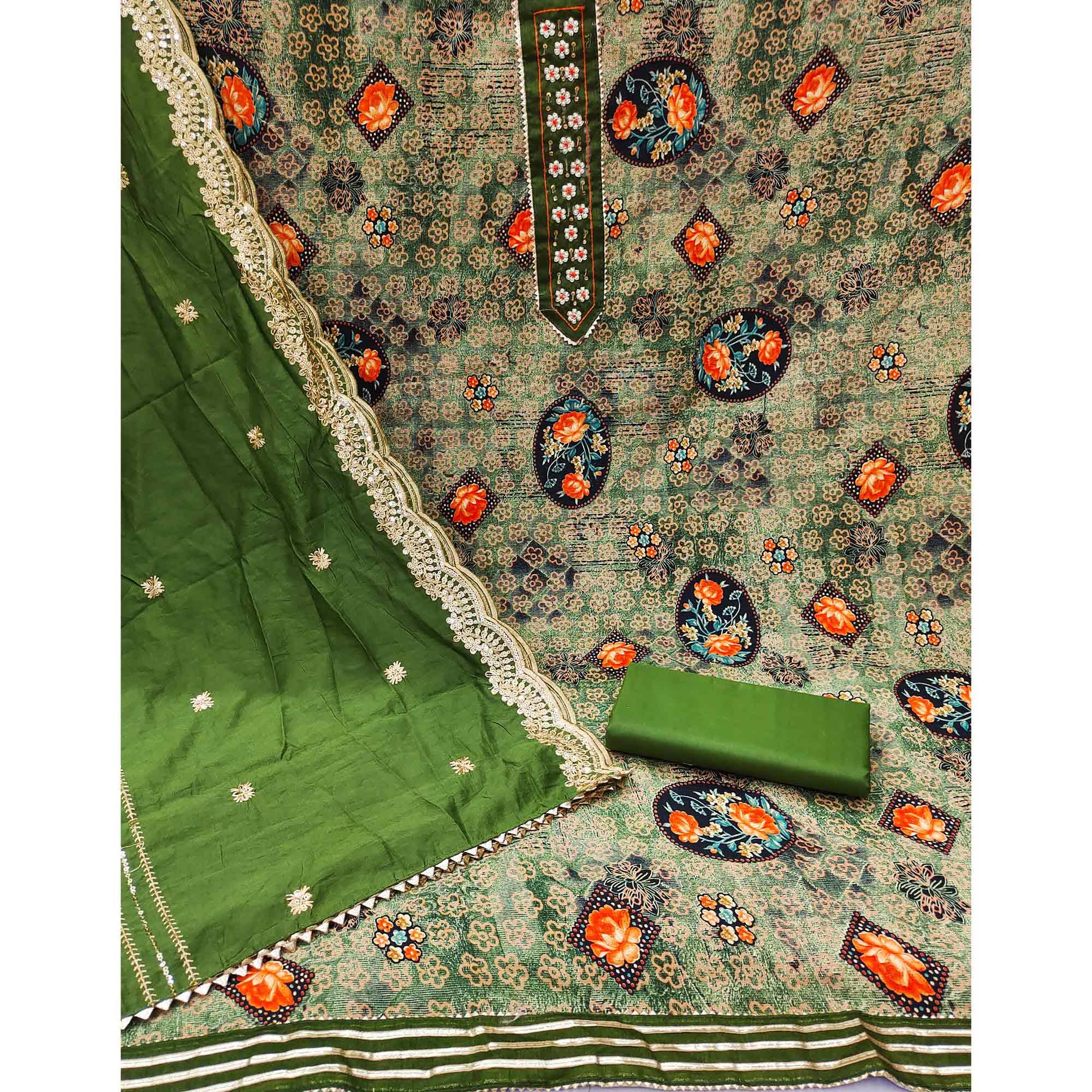 Green Floral Printed With Embellished Pure Cotton Dress Material - Peachmode