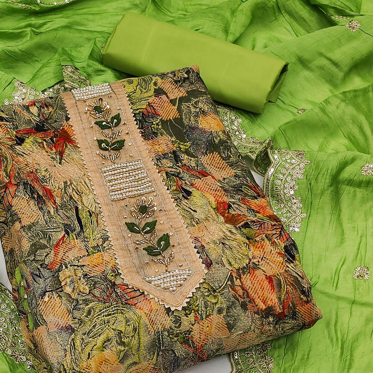 Green Floral Printed With Embellsihed Poly Cotton Dress Material - Peachmode