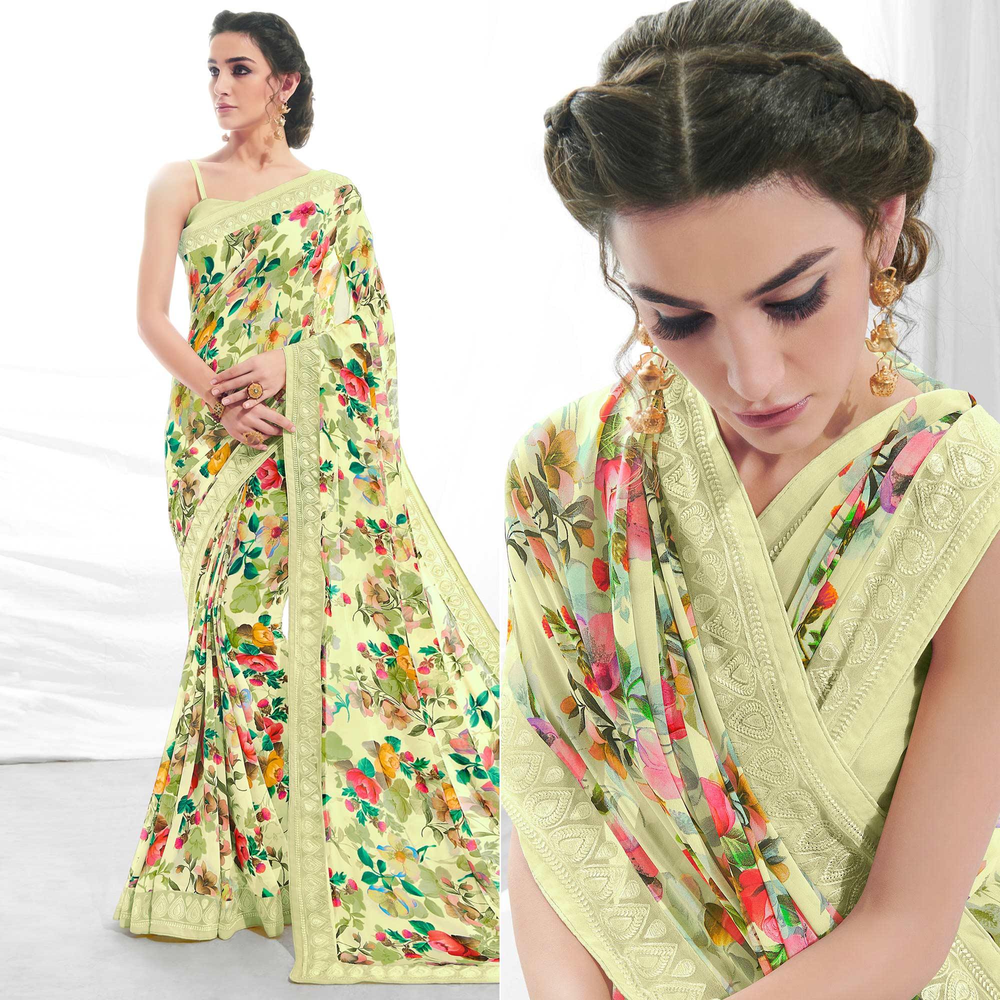 Green Floral Printed With Embroidered Border Georgette Saree - Peachmode