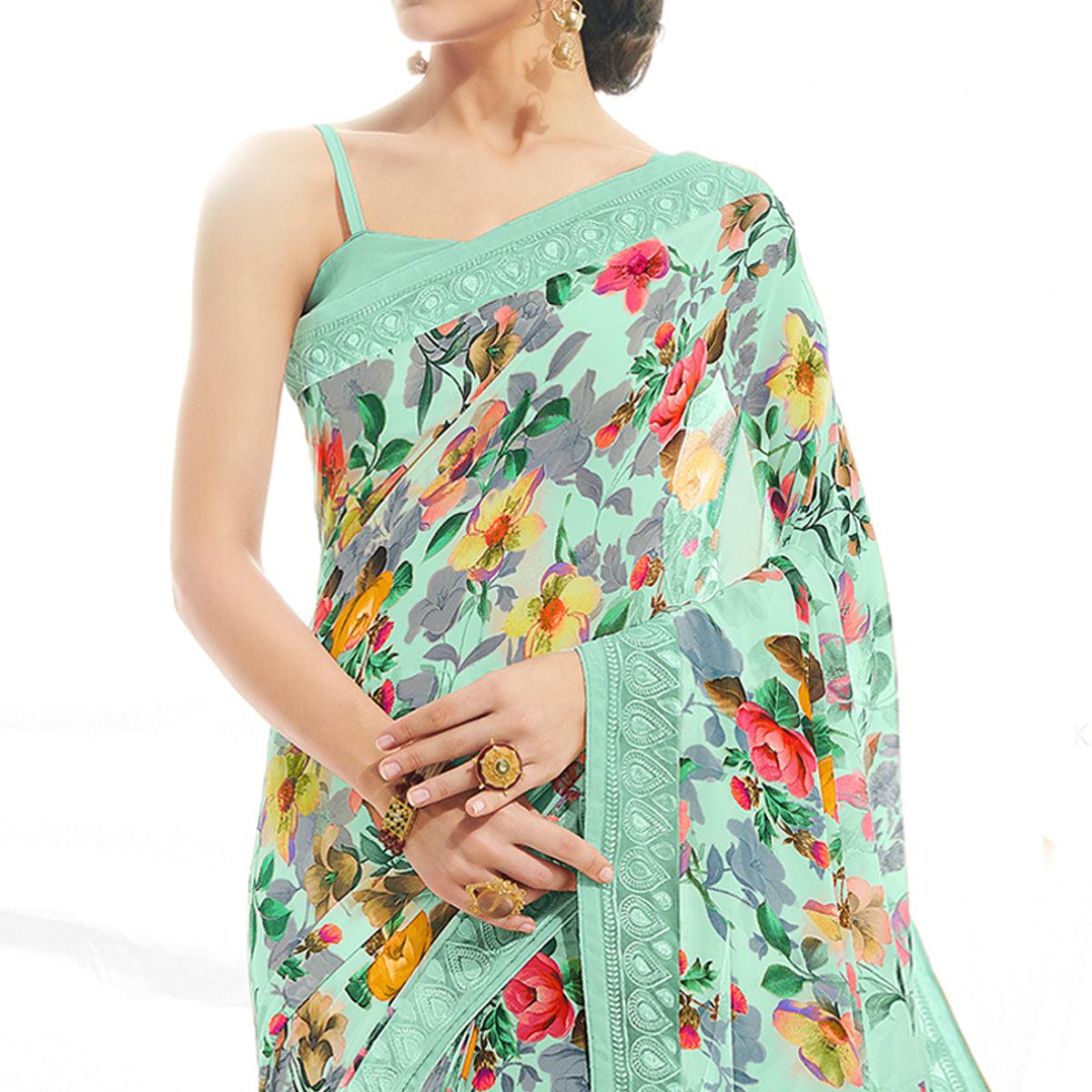 Green Floral Printed With Embroidered Border Georgette Saree - Peachmode