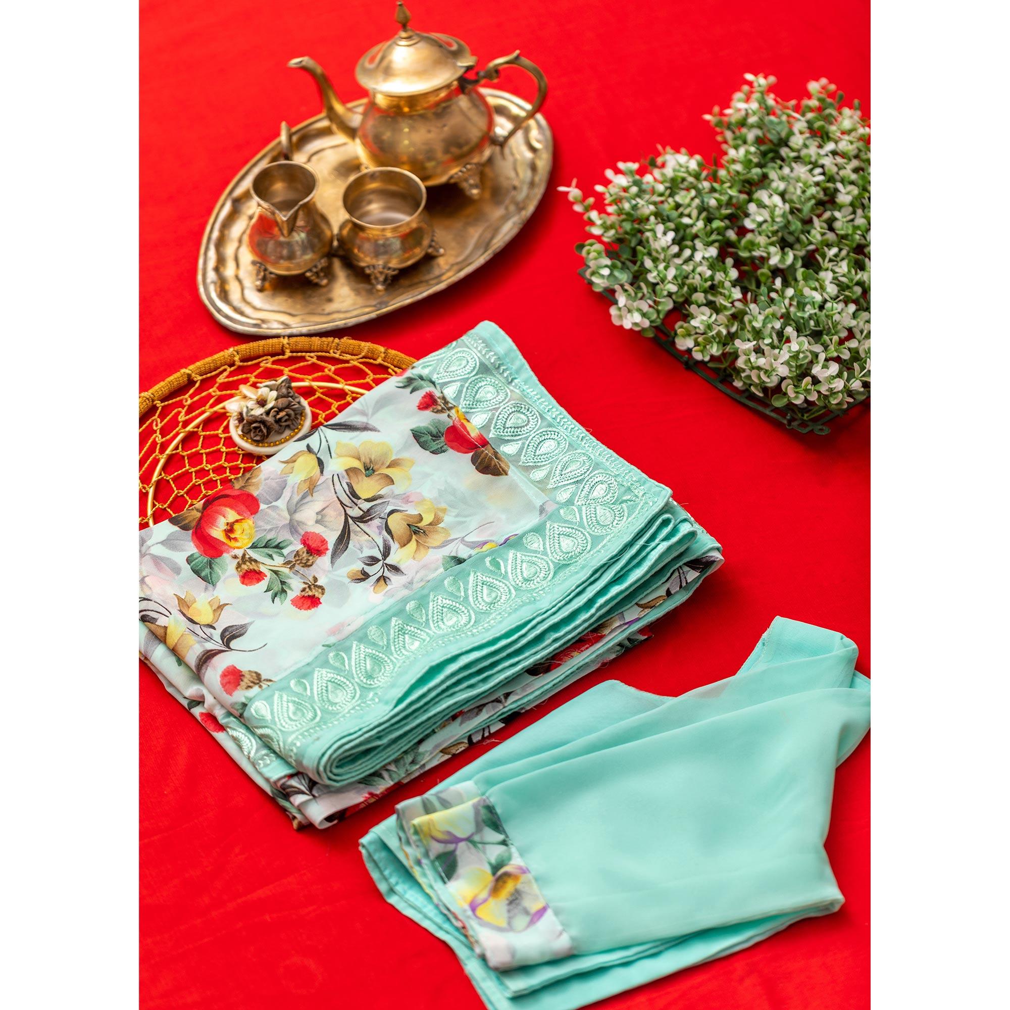 Green Floral Printed With Embroidered Border Georgette Saree - Peachmode