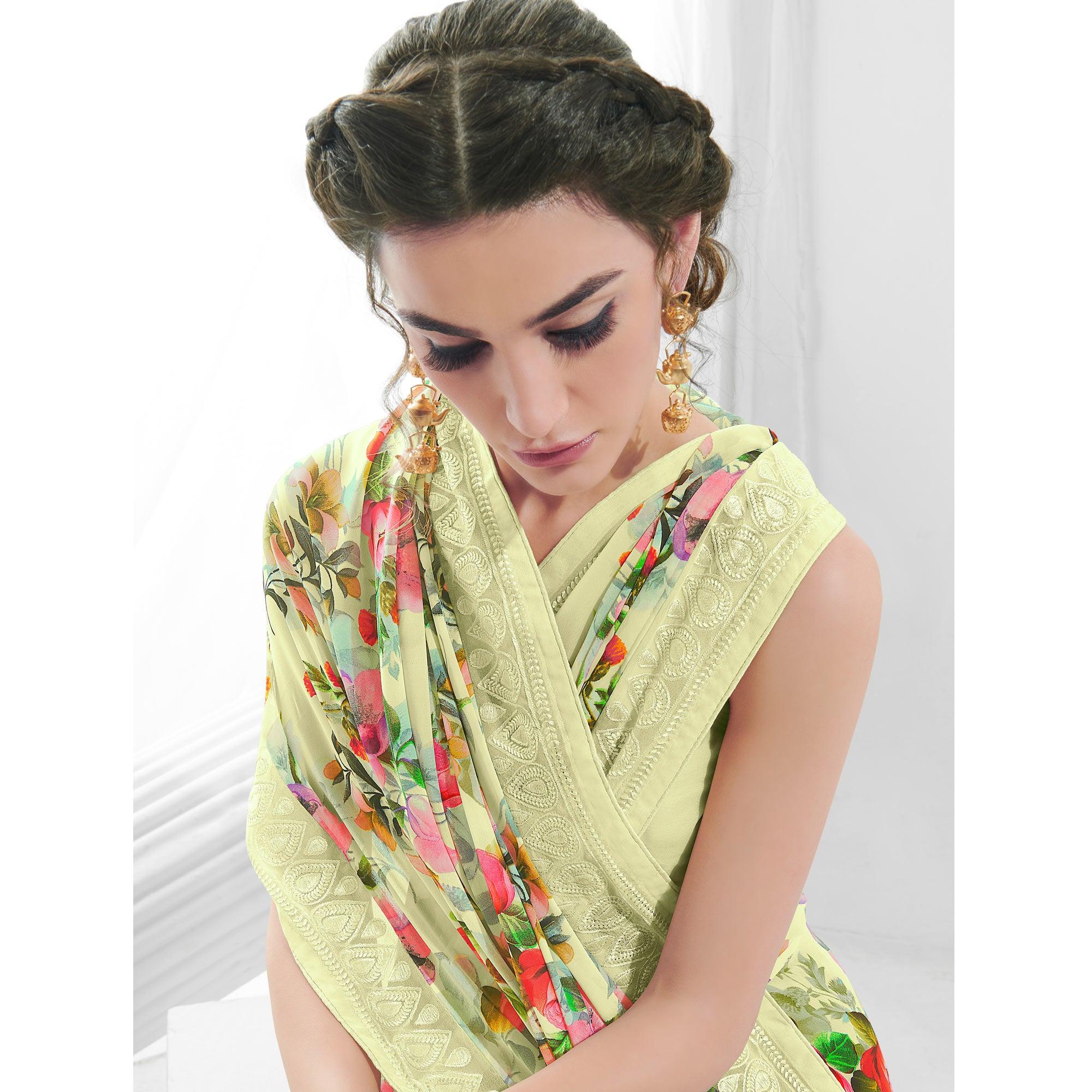 Green Floral Printed With Embroidered Border Georgette Saree - Peachmode