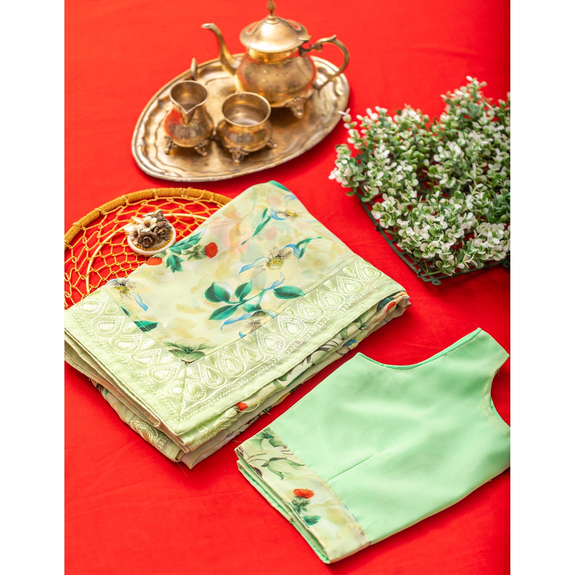 Green Floral Printed With Embroidered Border Georgette Saree - Peachmode