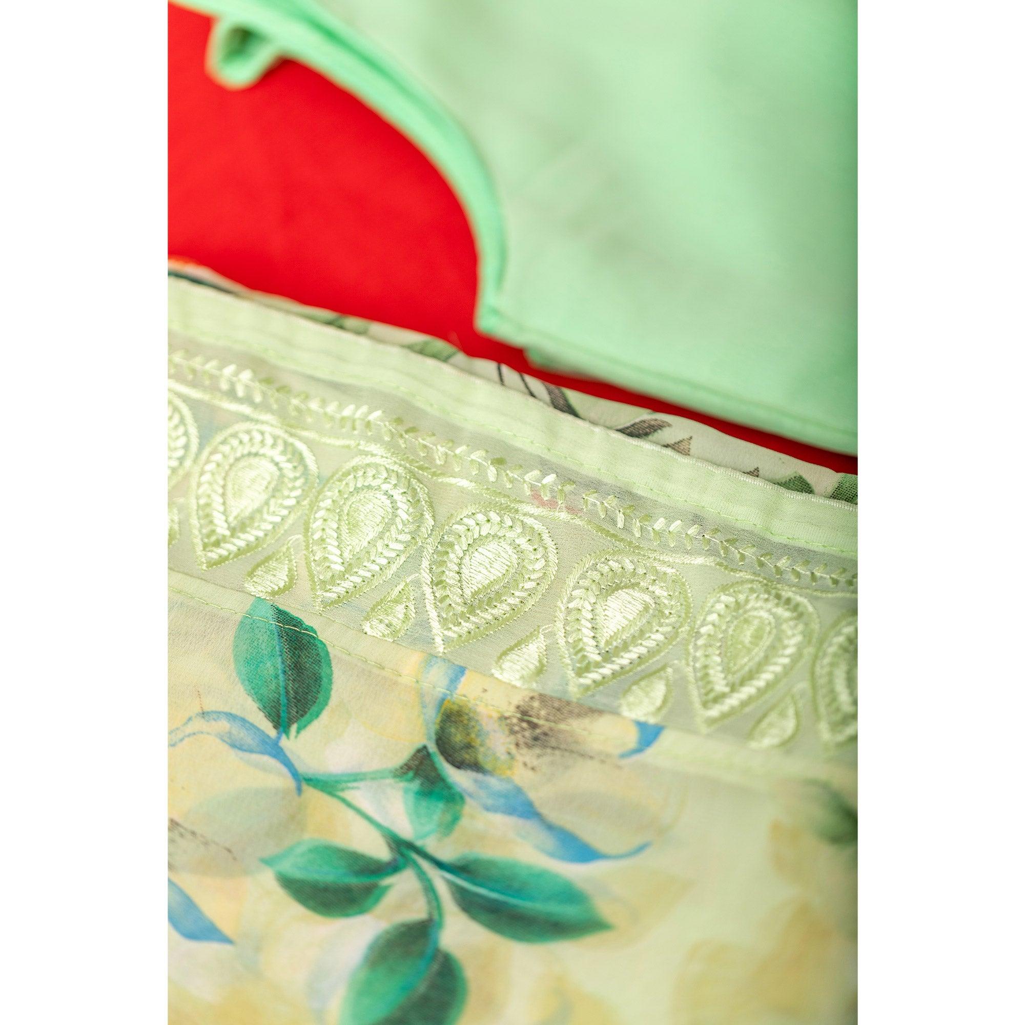 Green Floral Printed With Embroidered Border Georgette Saree - Peachmode