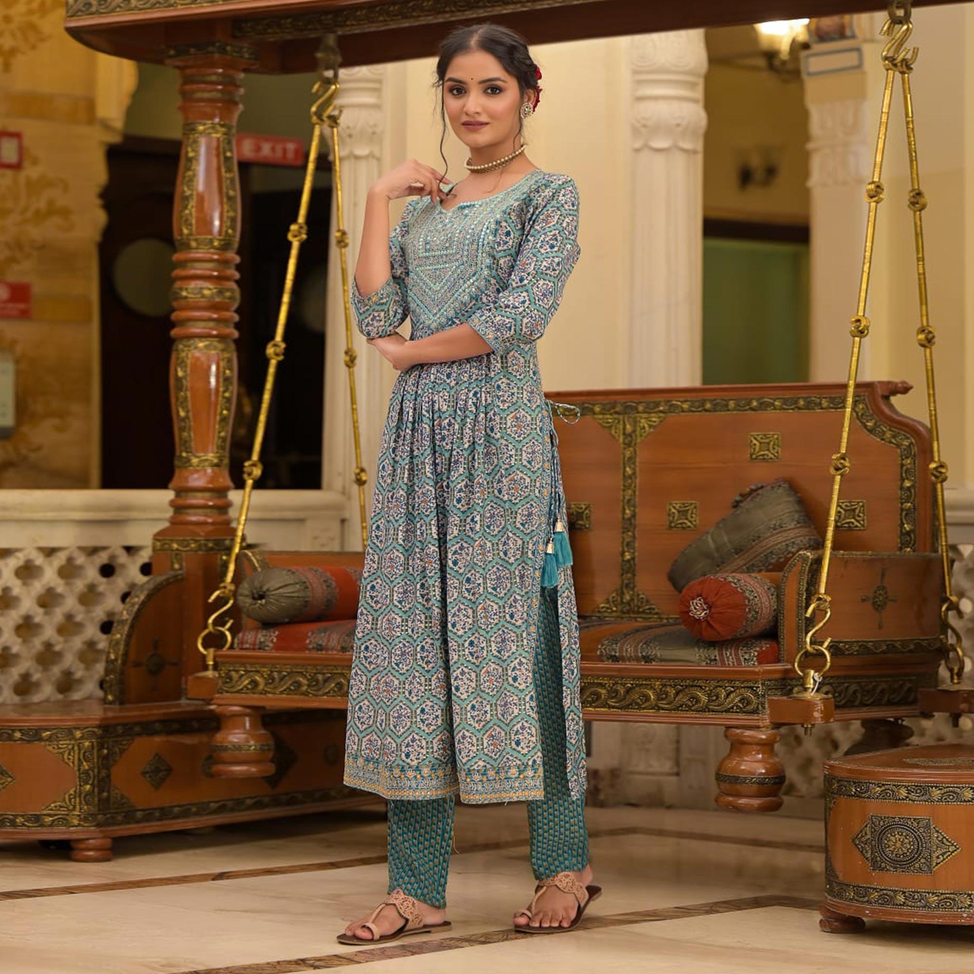 Green Floral Printed With Embroidered Chanderi Salwar Suit - Peachmode