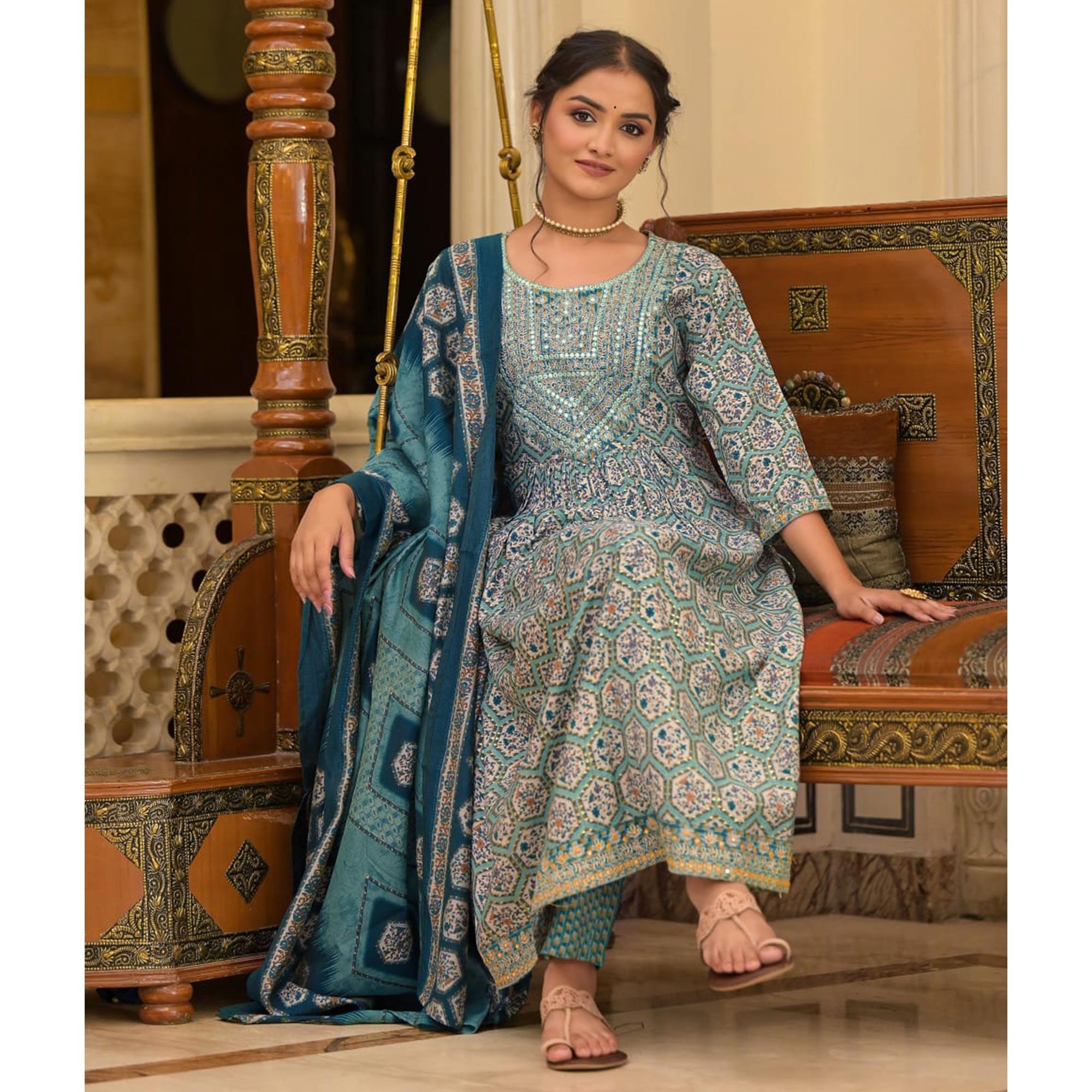 Green Floral Printed With Embroidered Chanderi Salwar Suit - Peachmode