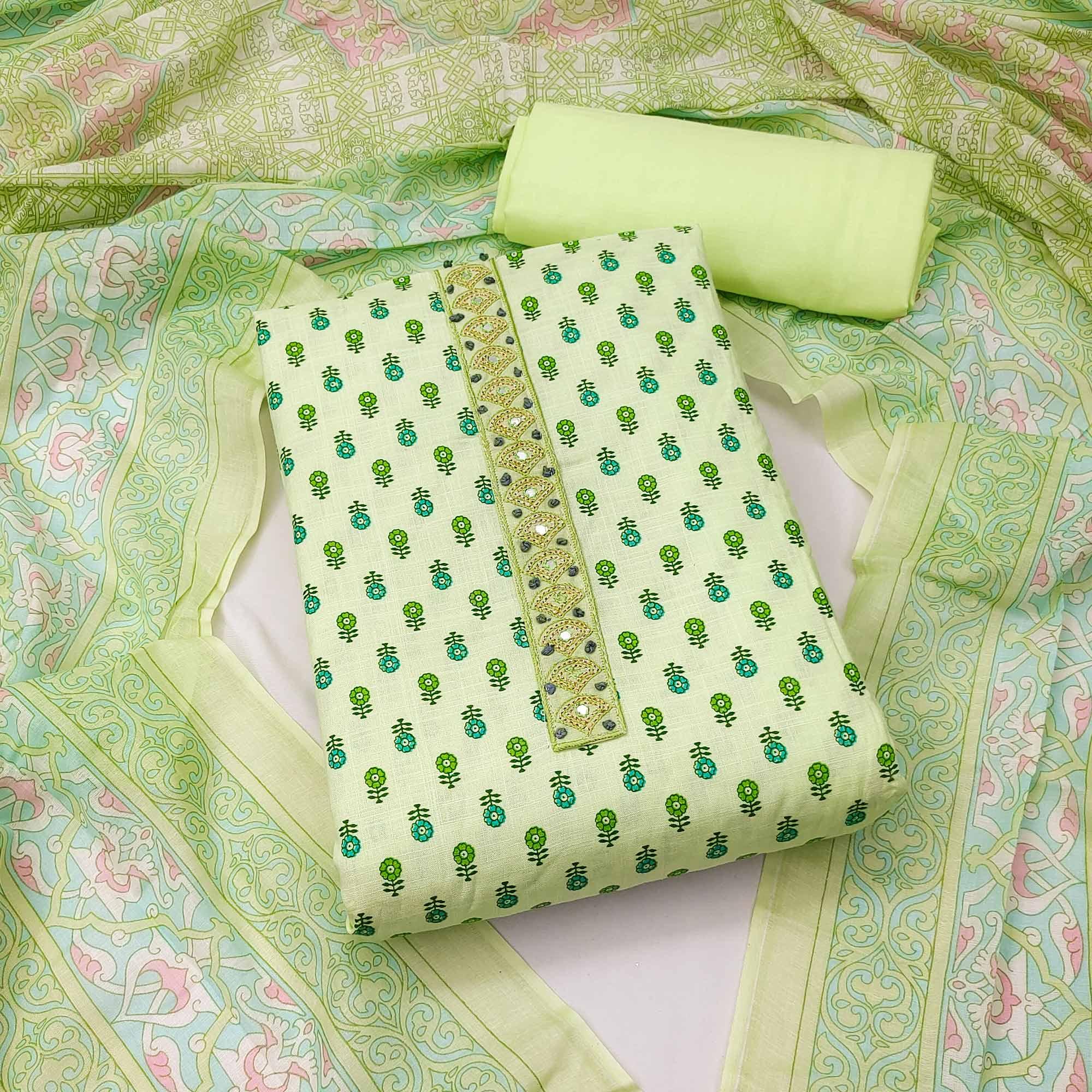 Green Floral Printed With Embroidered Poly Cotton Dress Material - Peachmode