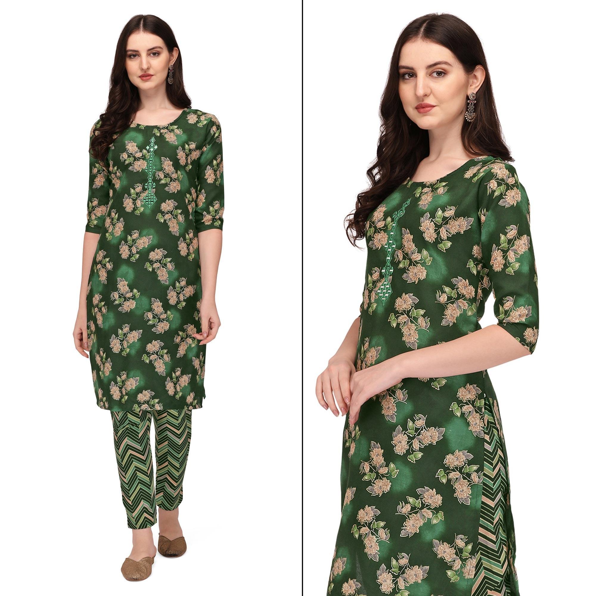 Green Floral Printed With Embroidered Poly Cotton Kurti Pant Set - Peachmode