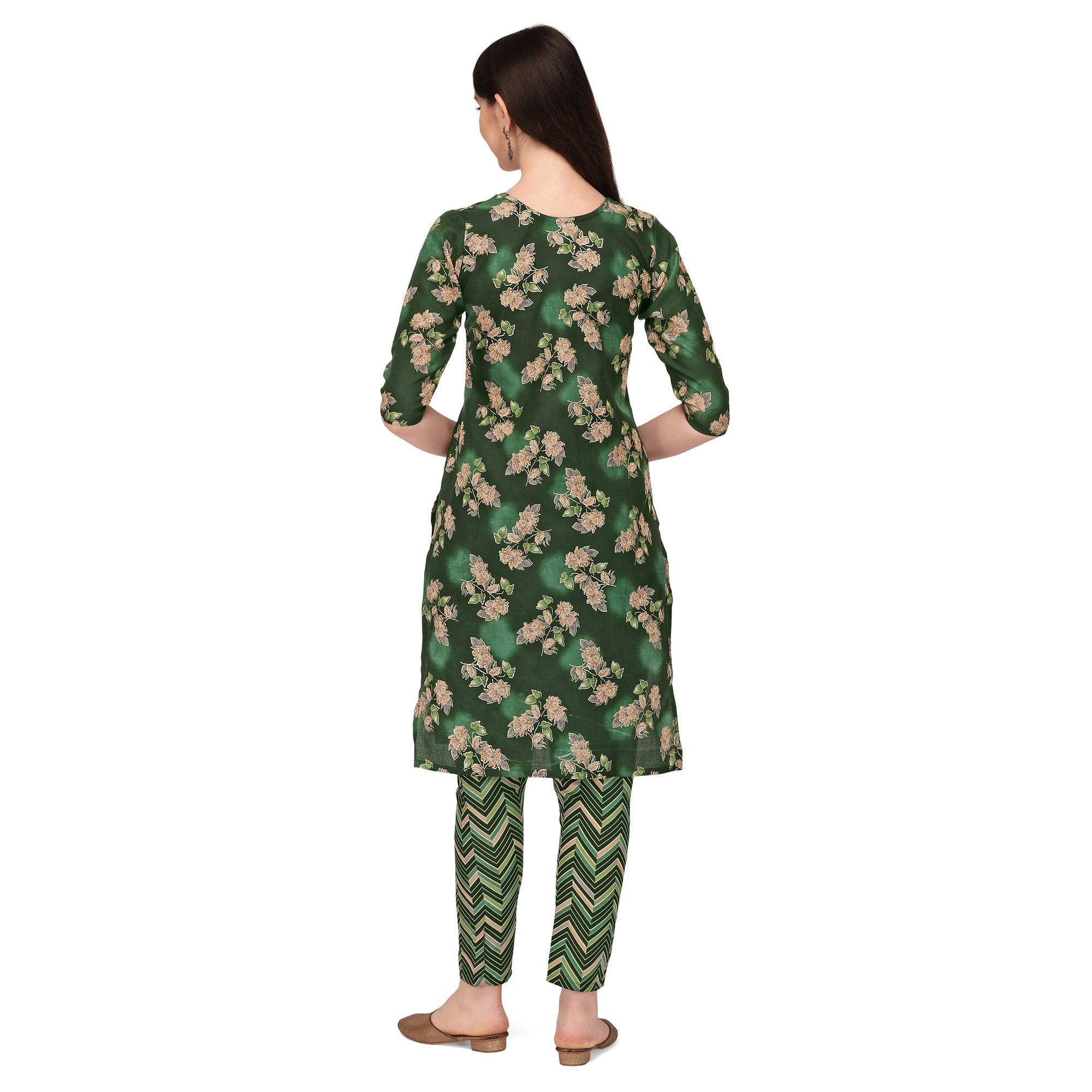 Green Floral Printed With Embroidered Poly Cotton Kurti Pant Set - Peachmode