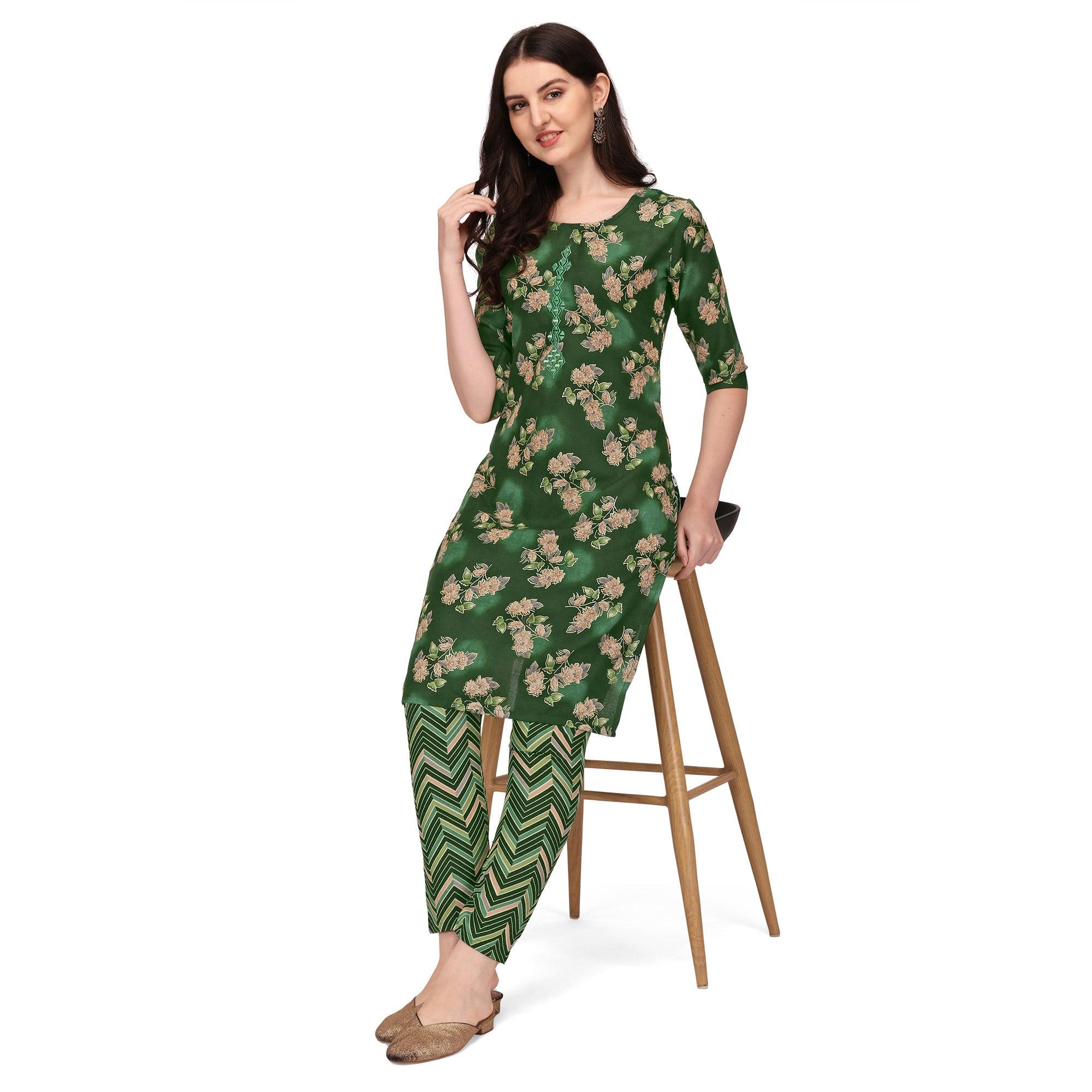 Green Floral Printed With Embroidered Poly Cotton Kurti Pant Set - Peachmode