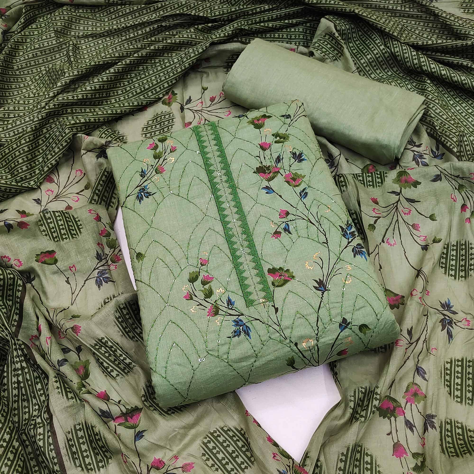 Green Floral Printed With Embroidered Pure Cotton Dress Material - Peachmode