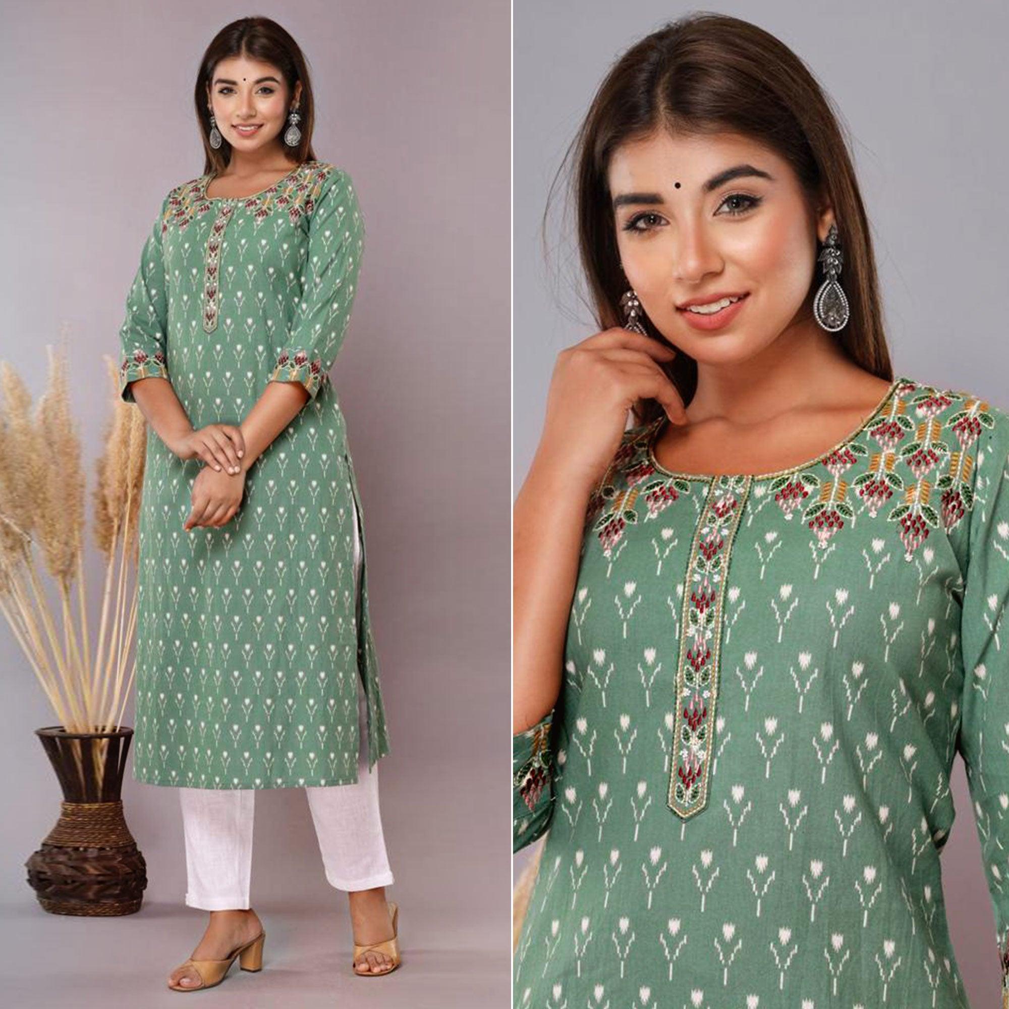 Green Floral Printed With Embroidered Pure Cotton Kurti - Peachmode