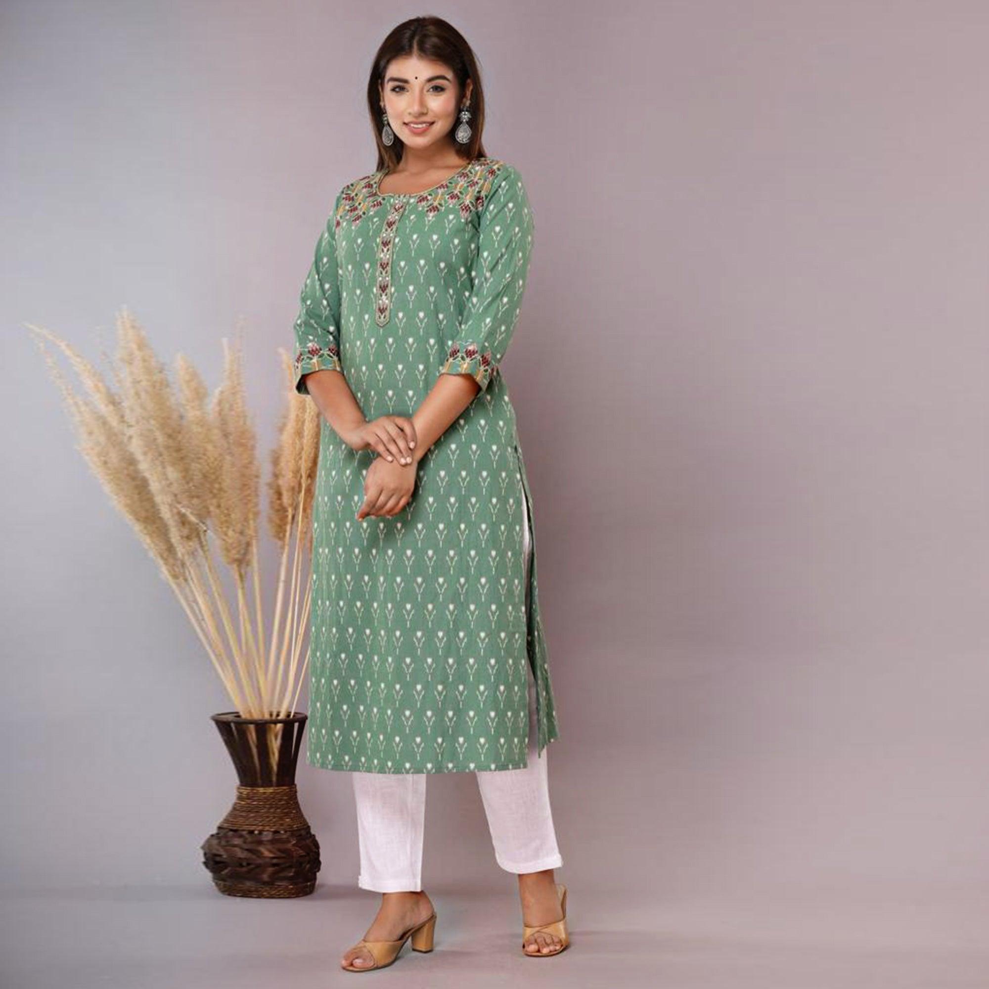 Green Floral Printed With Embroidered Pure Cotton Kurti - Peachmode