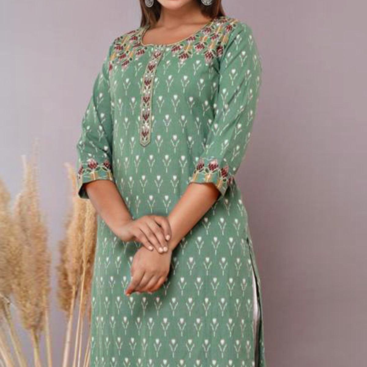 Green Floral Printed With Embroidered Pure Cotton Kurti - Peachmode