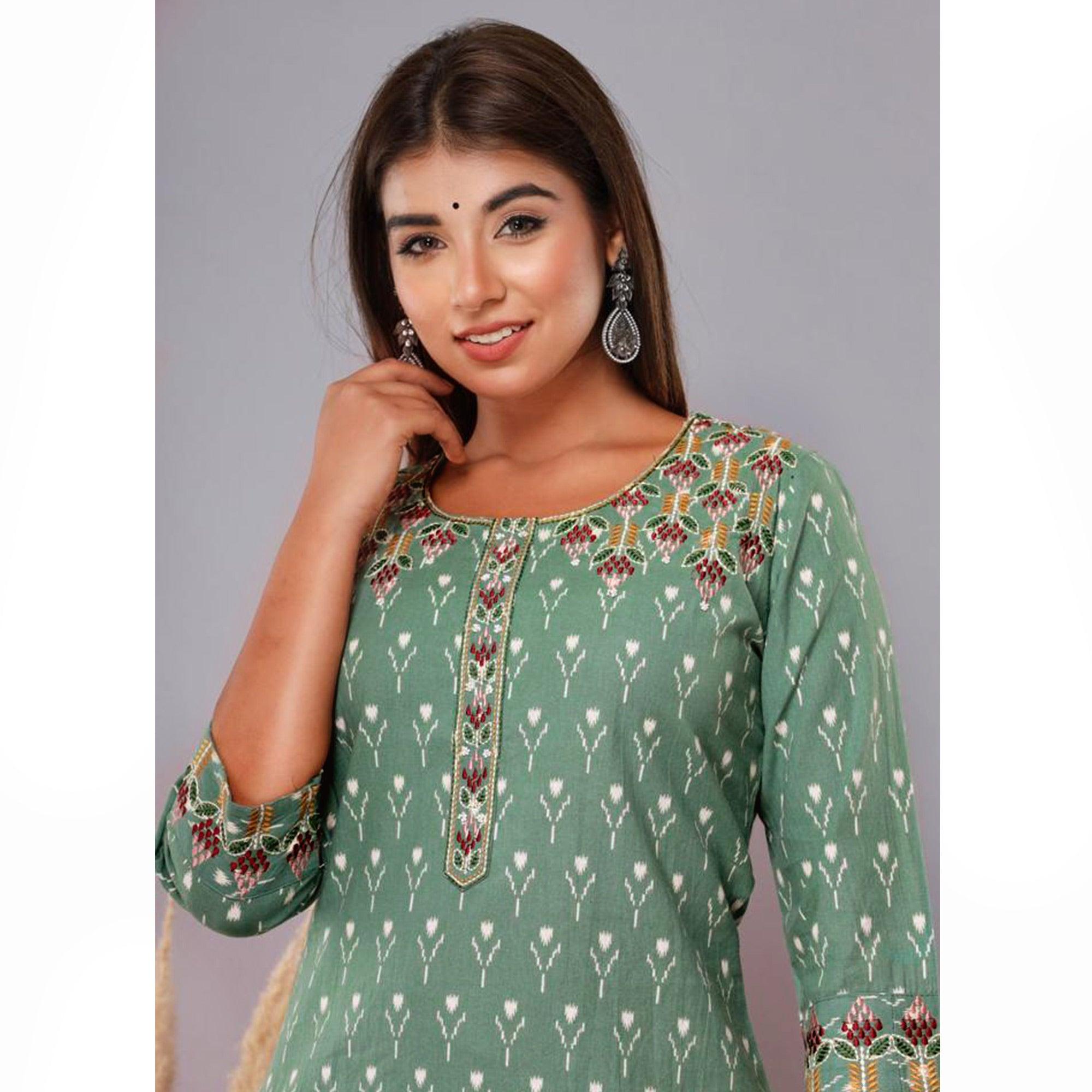 Green Floral Printed With Embroidered Pure Cotton Kurti - Peachmode