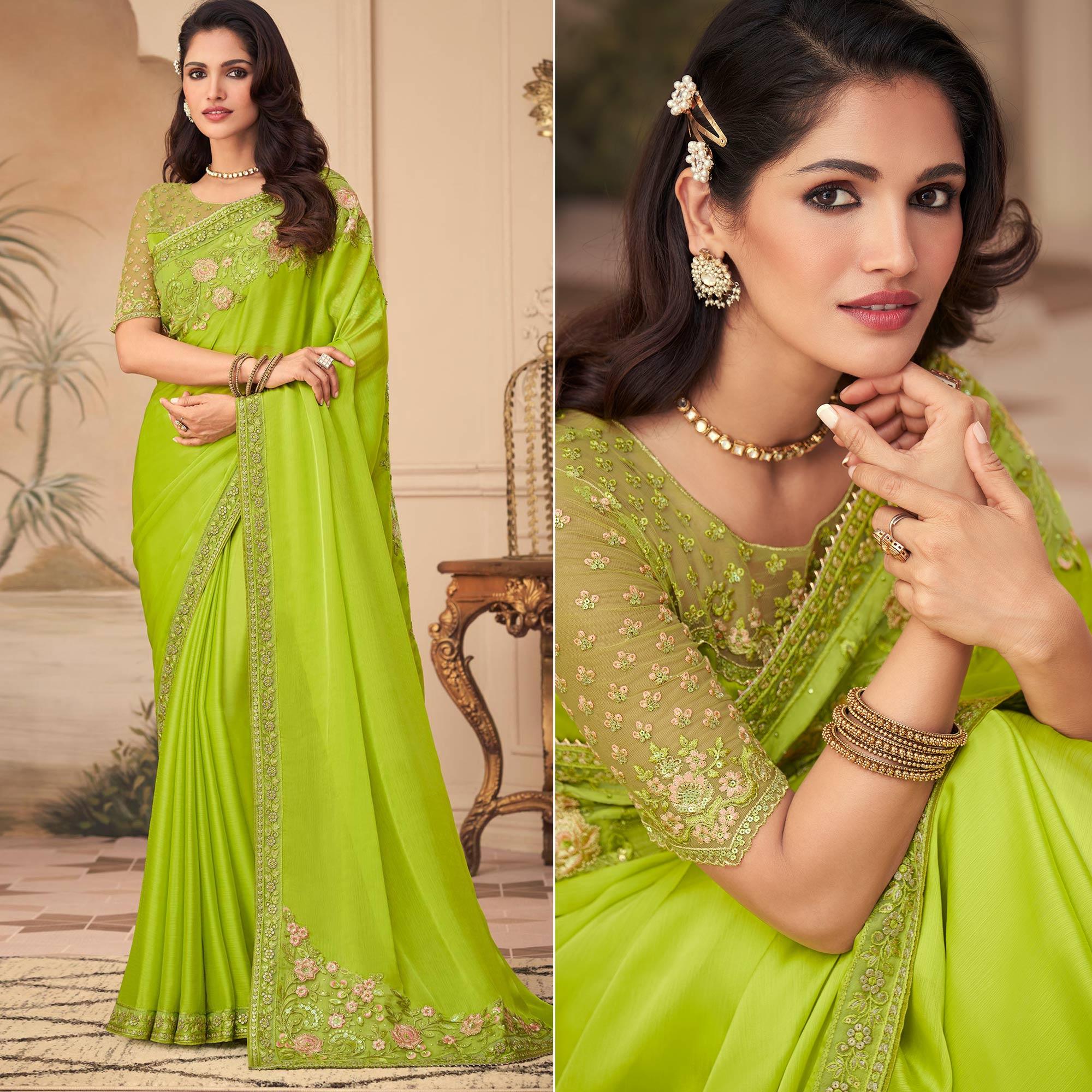 Green Floral Sequence Embroidered Art Silk Saree - Peachmode