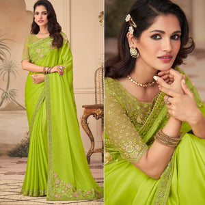 Green Floral Sequence Embroidered Art Silk Saree - Peachmode