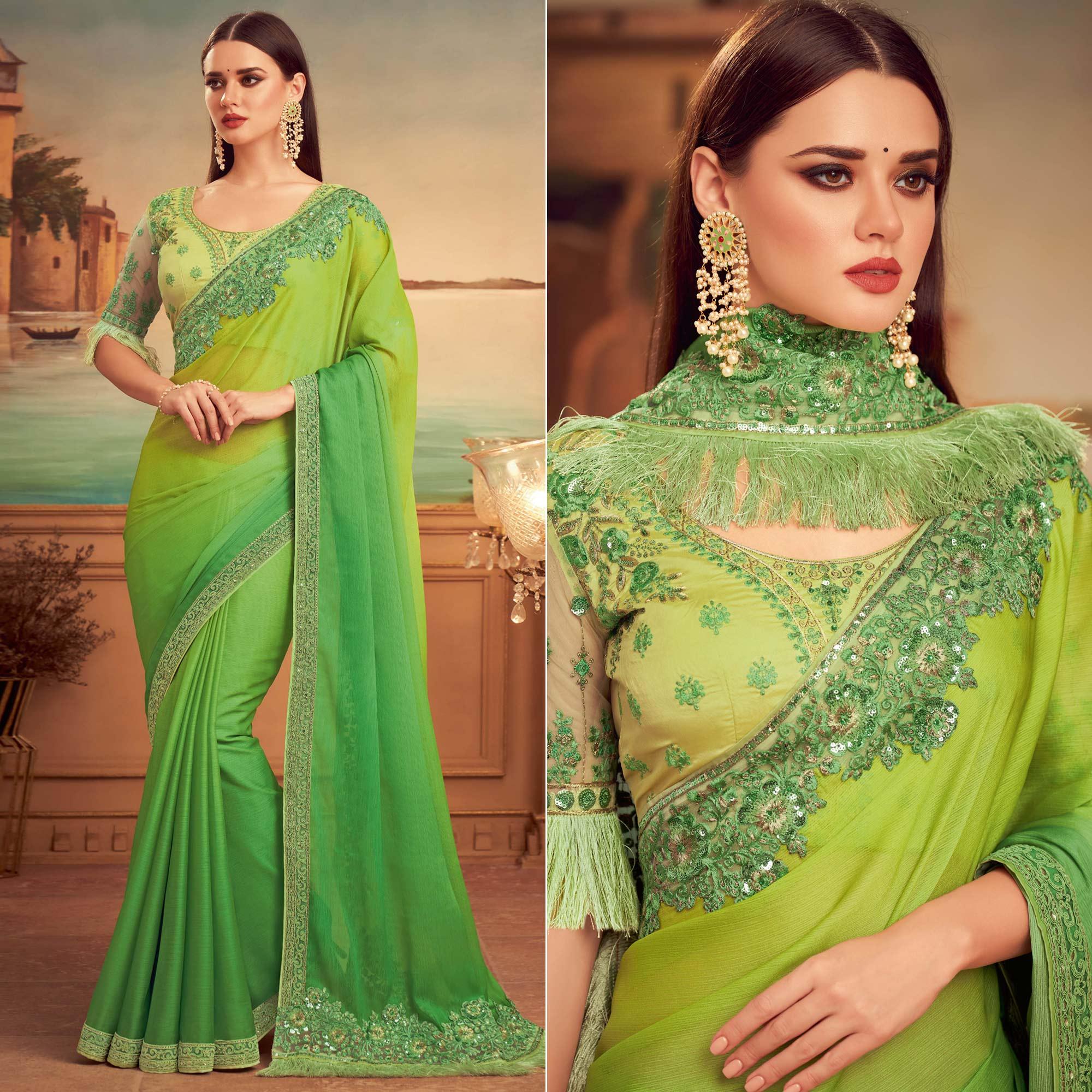 Green Floral Sequence Embroidered Art Silk Saree - Peachmode