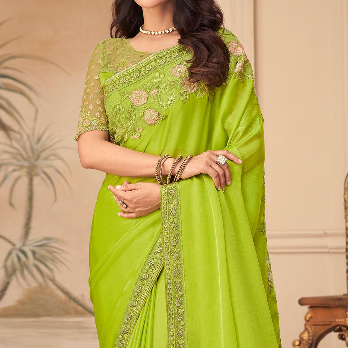 Green Floral Sequence Embroidered Art Silk Saree - Peachmode