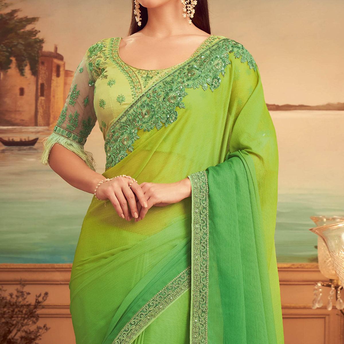 Green Floral Sequence Embroidered Art Silk Saree - Peachmode