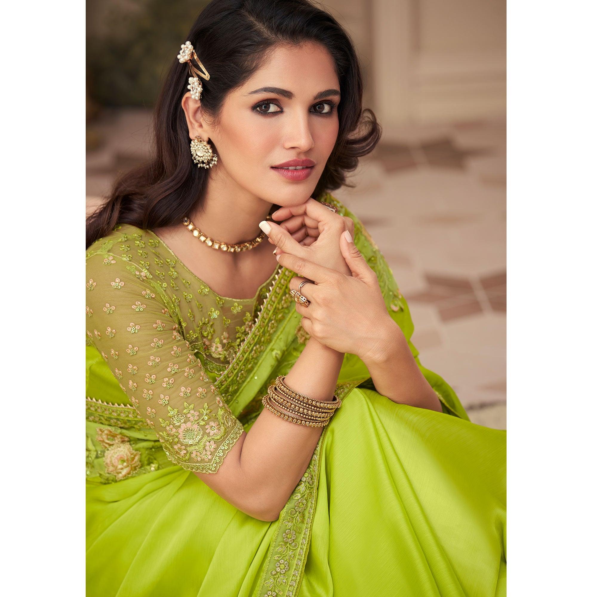 Green Floral Sequence Embroidered Art Silk Saree - Peachmode