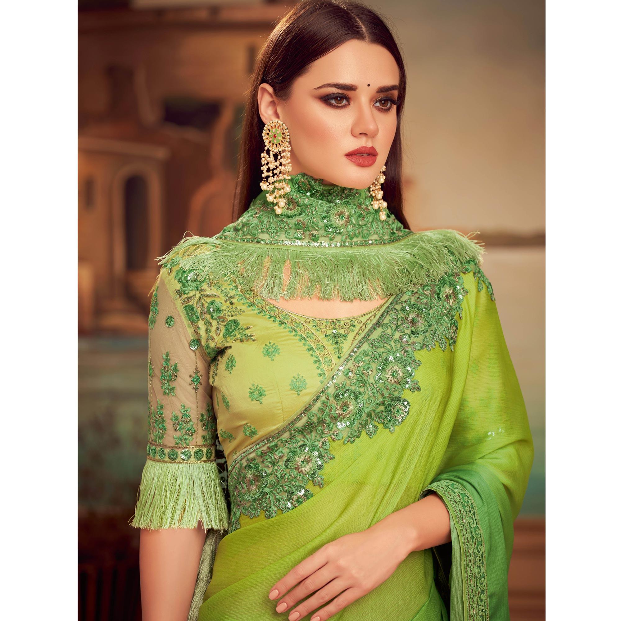 Green Floral Sequence Embroidered Art Silk Saree - Peachmode