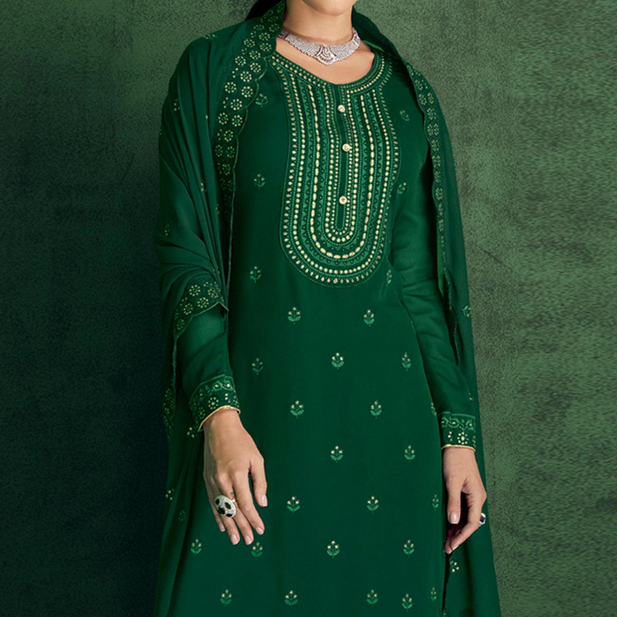 Green Floral Sequence Embroidered Georgette Partywear Suit - Peachmode
