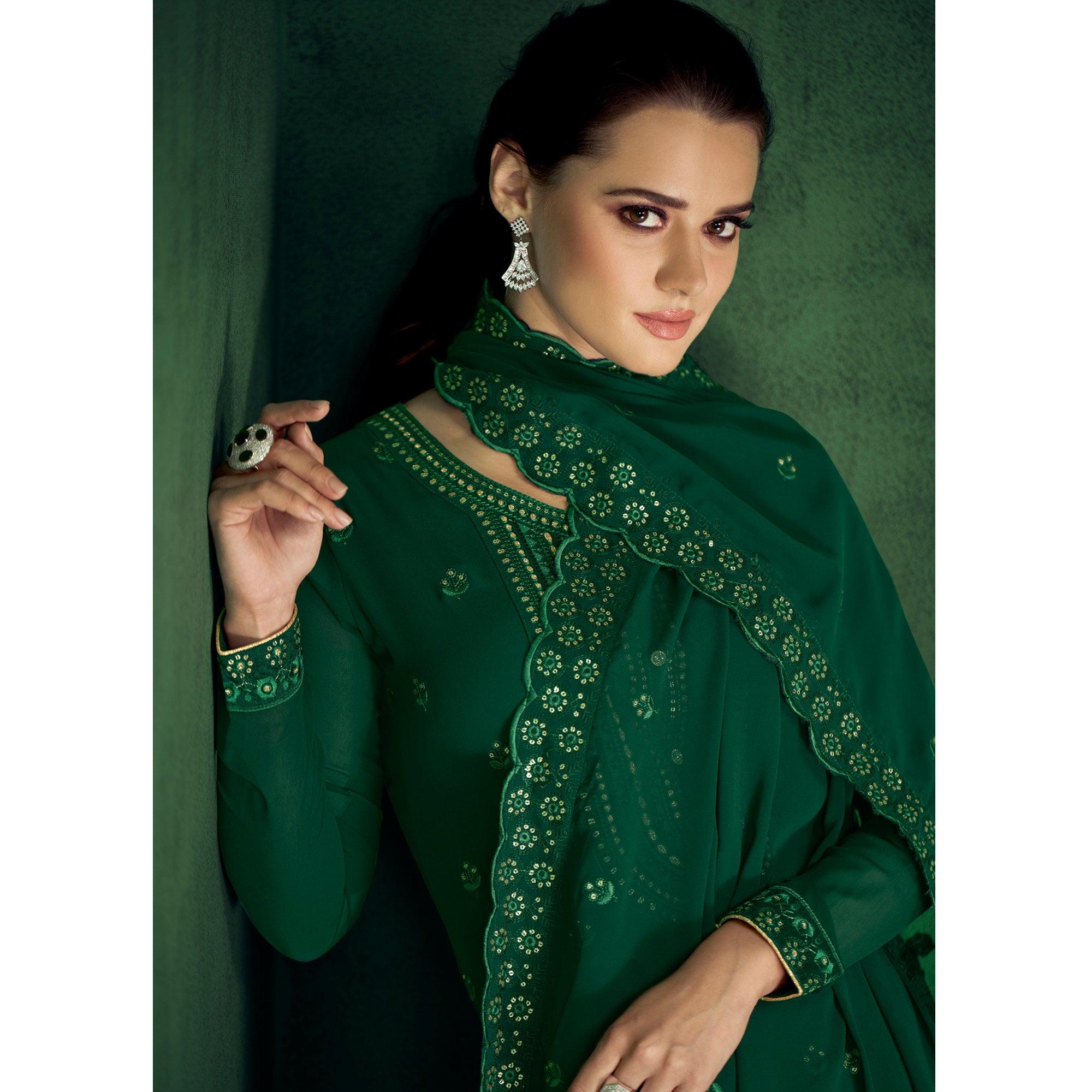 Green Floral Sequence Embroidered Georgette Partywear Suit - Peachmode