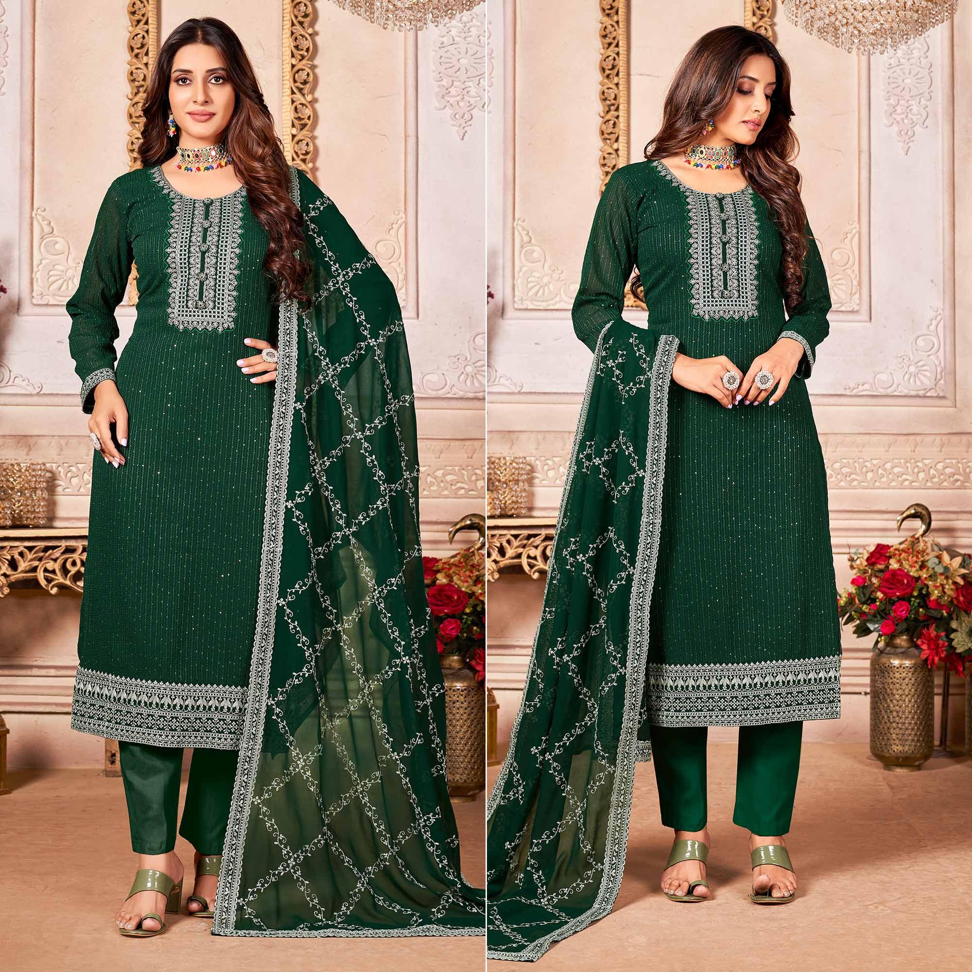 Green Floral Sequence Embroidered Georgette Salwar Suit - Peachmode
