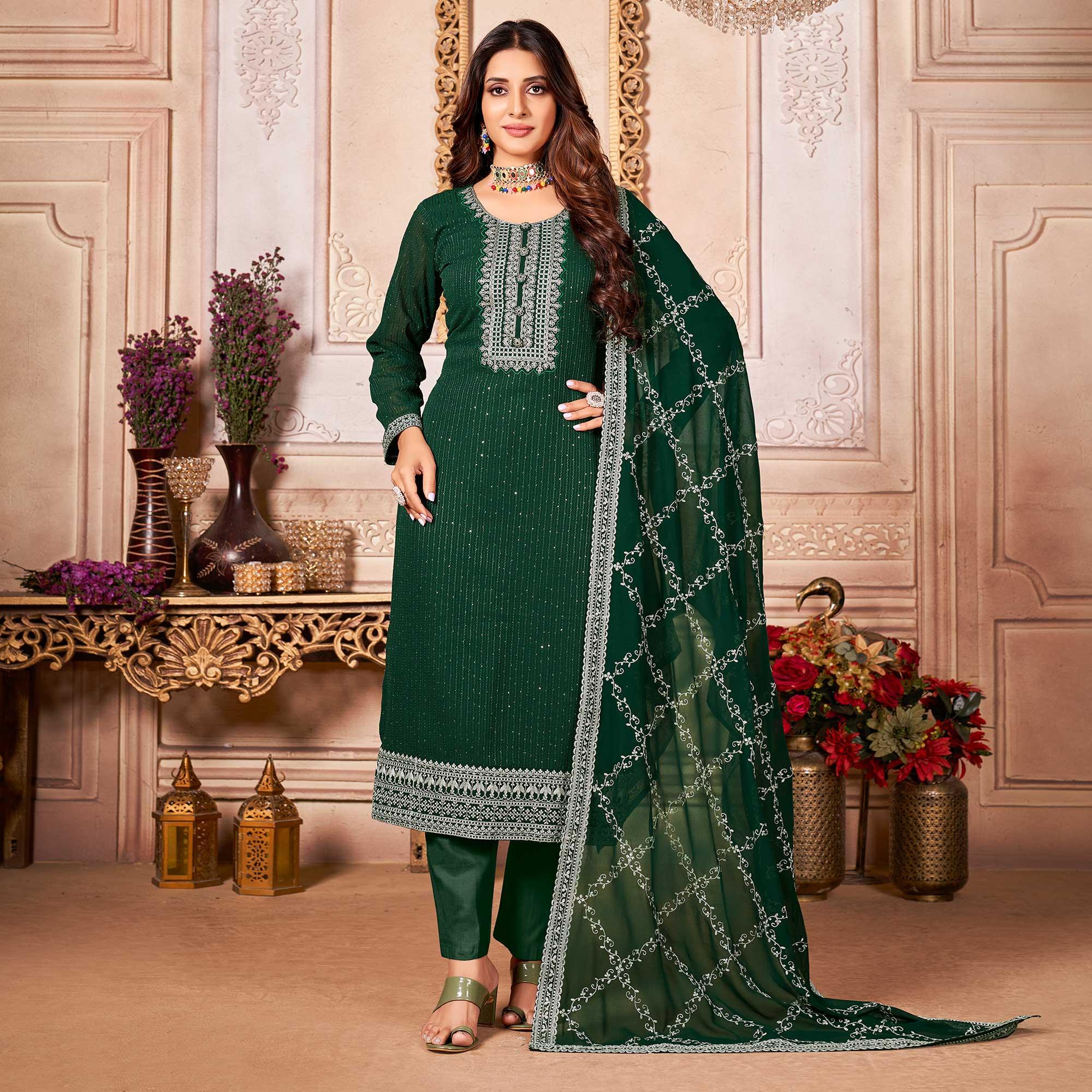 Green Floral Sequence Embroidered Georgette Salwar Suit - Peachmode