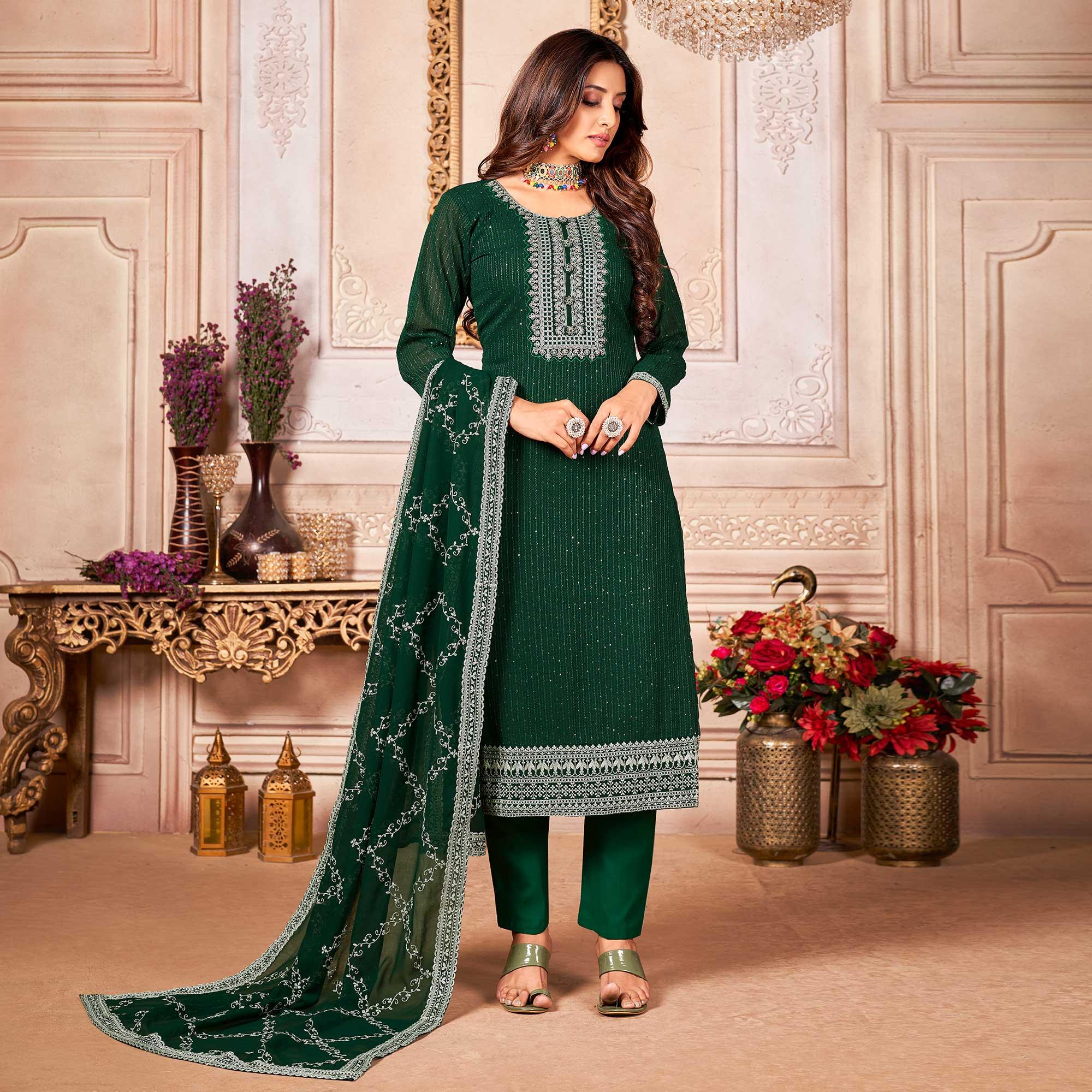 Green Floral Sequence Embroidered Georgette Salwar Suit - Peachmode