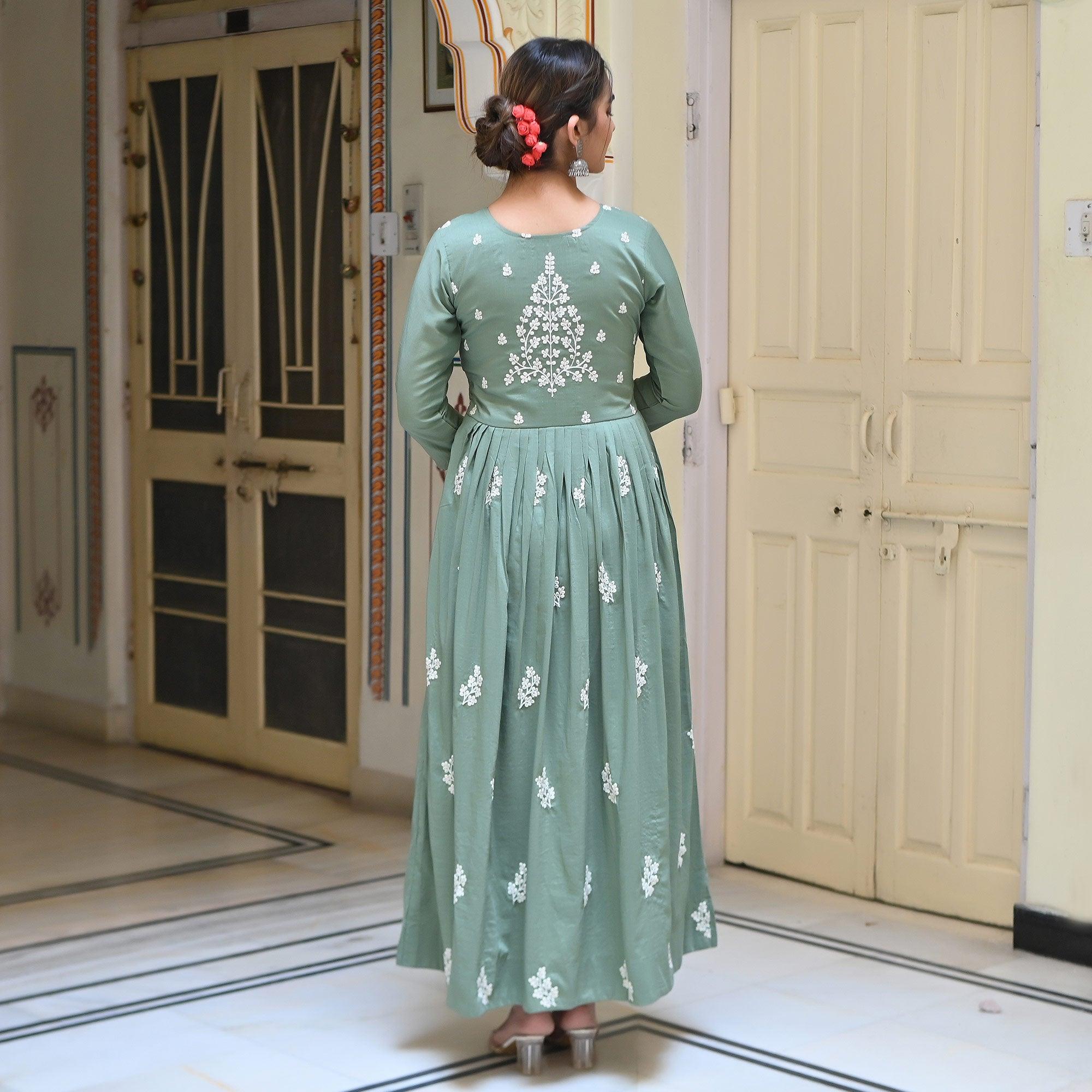 Green Floral Sequence Embroidered Muslin Gown - Peachmode