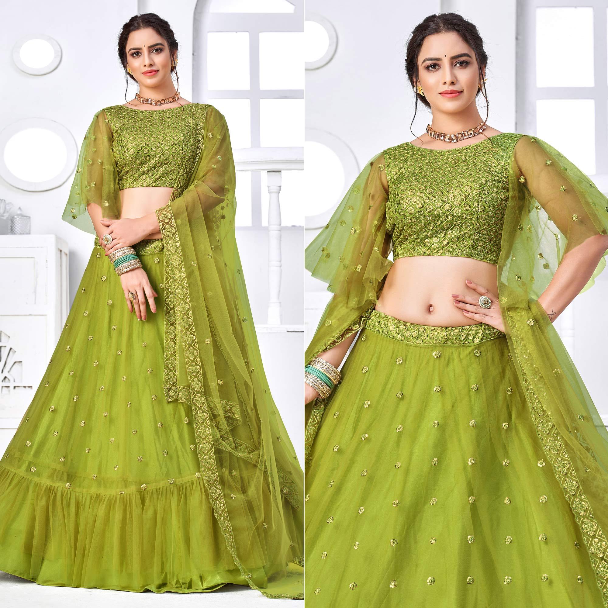 Green Floral Sequence Embroidered Net Lehenga Choli - Peachmode