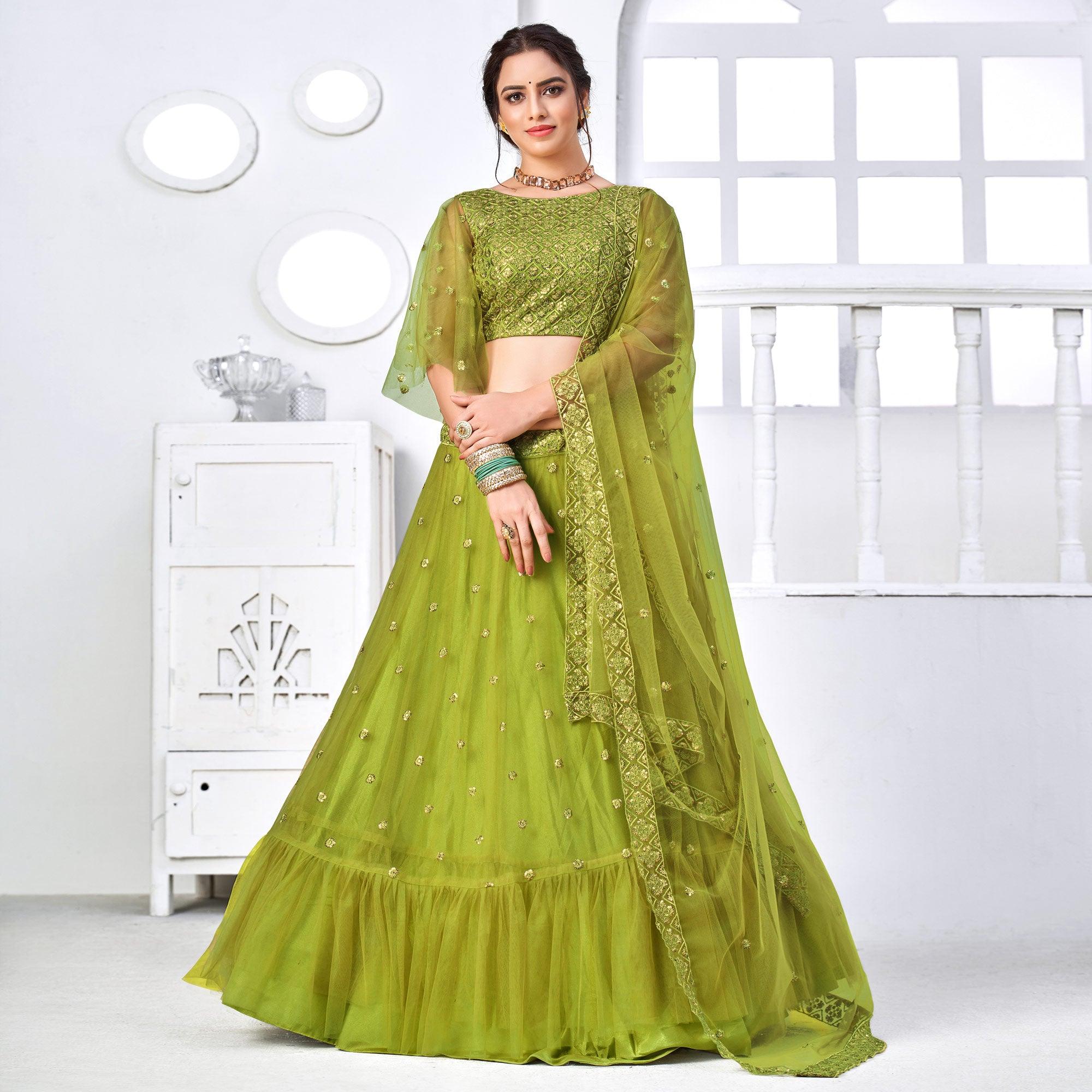 Green Floral Sequence Embroidered Net Lehenga Choli - Peachmode