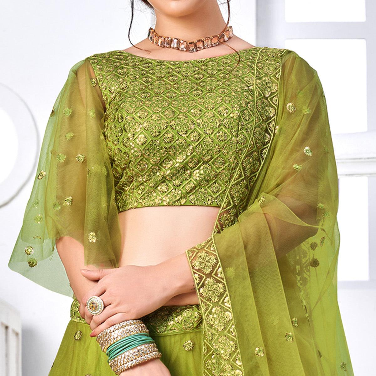 Green Floral Sequence Embroidered Net Lehenga Choli - Peachmode