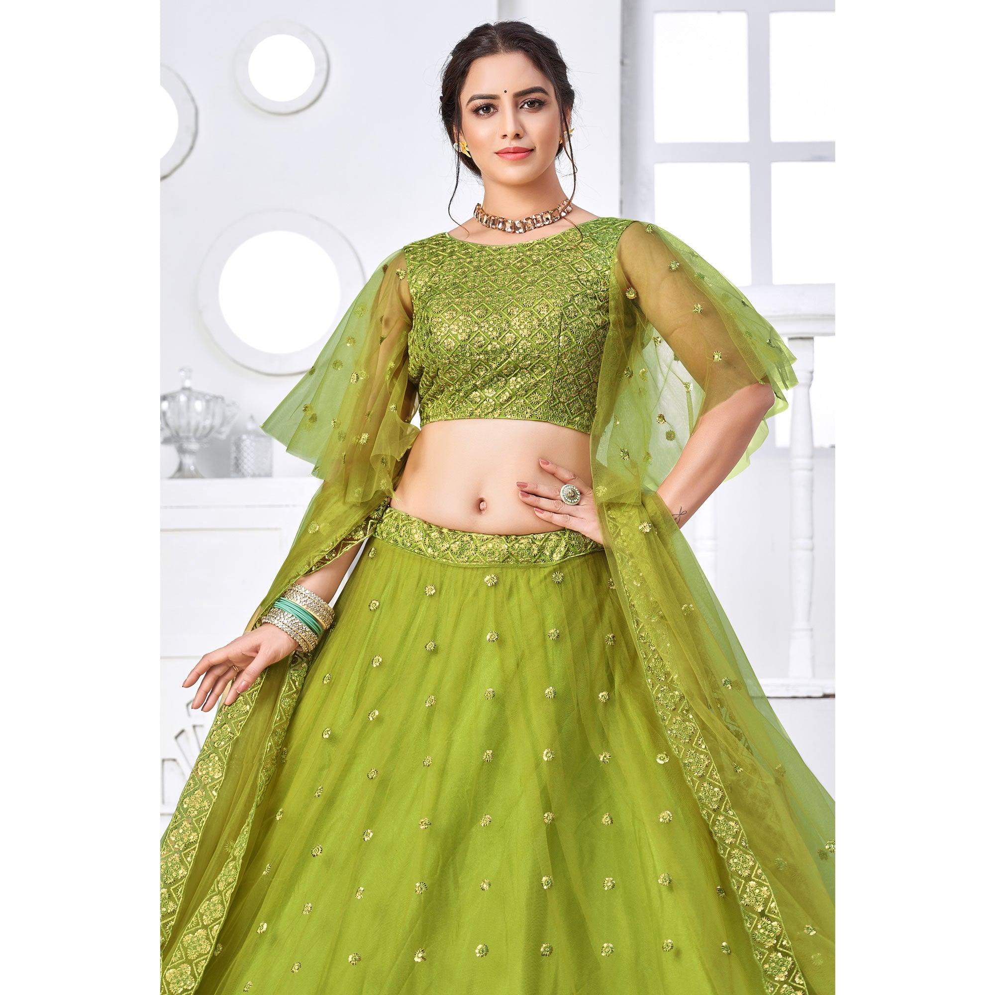 Green Floral Sequence Embroidered Net Lehenga Choli - Peachmode