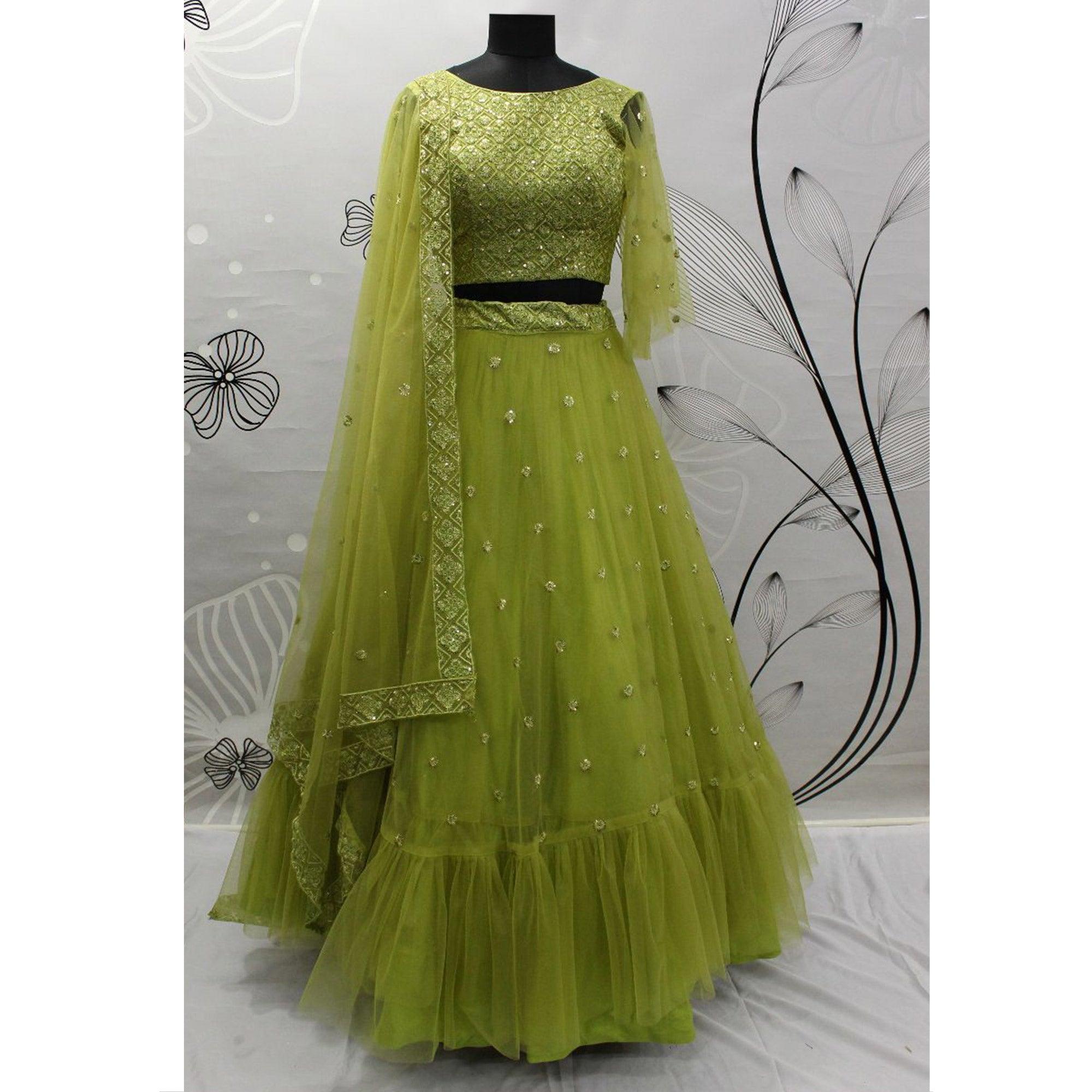 Green Floral Sequence Embroidered Net Lehenga Choli - Peachmode