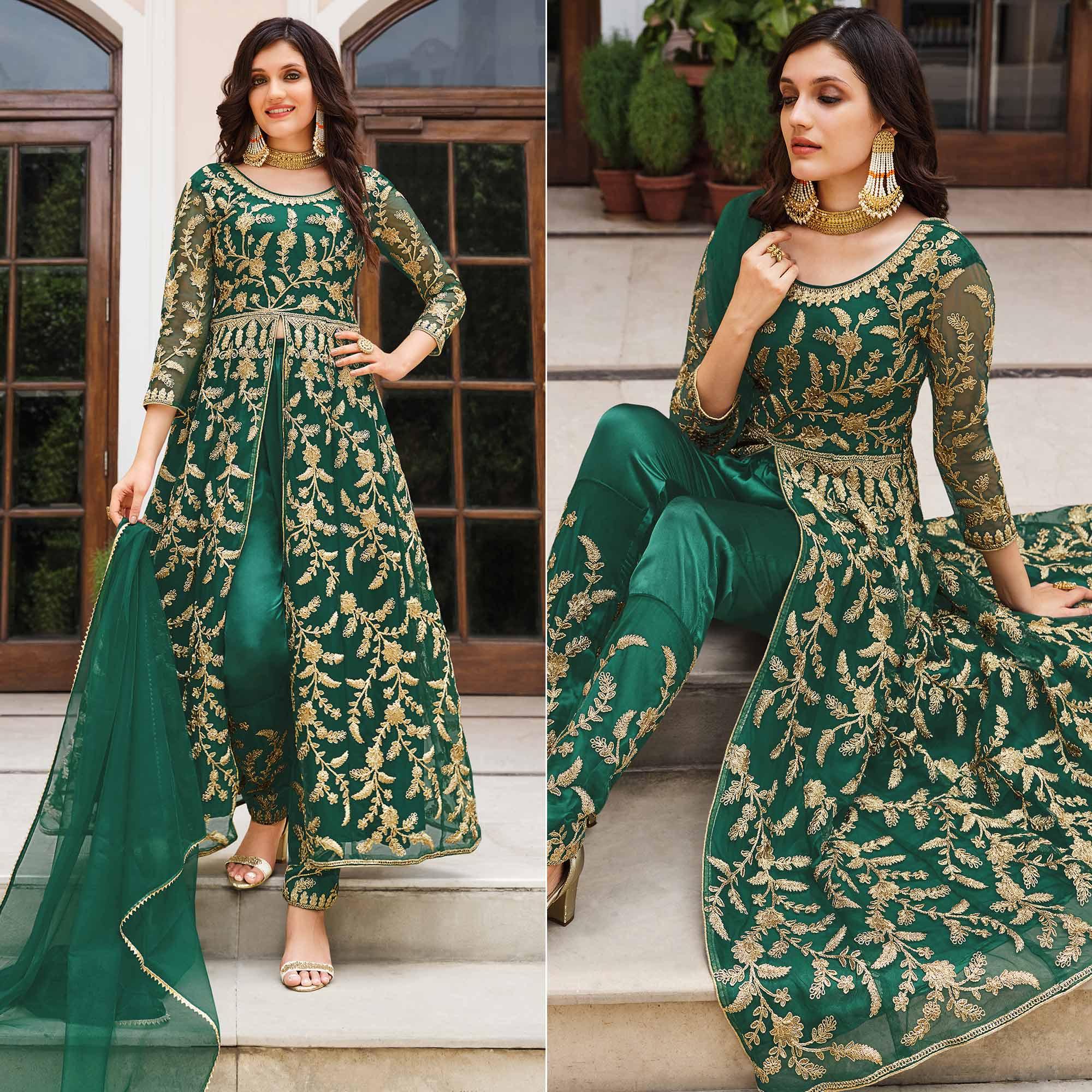 Green Floral Sequence Embroidered Net Suit - Peachmode