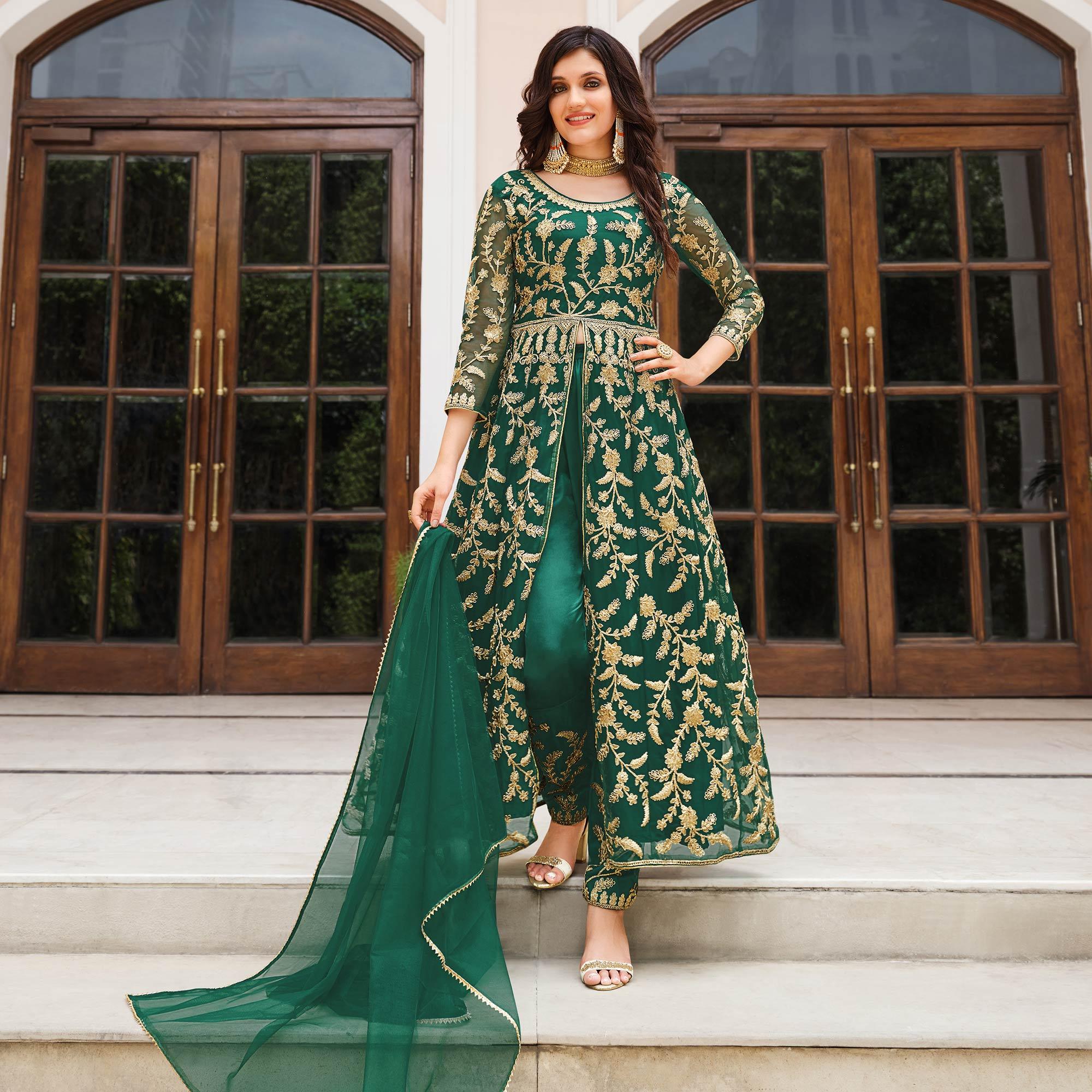 Green Floral Sequence Embroidered Net Suit - Peachmode