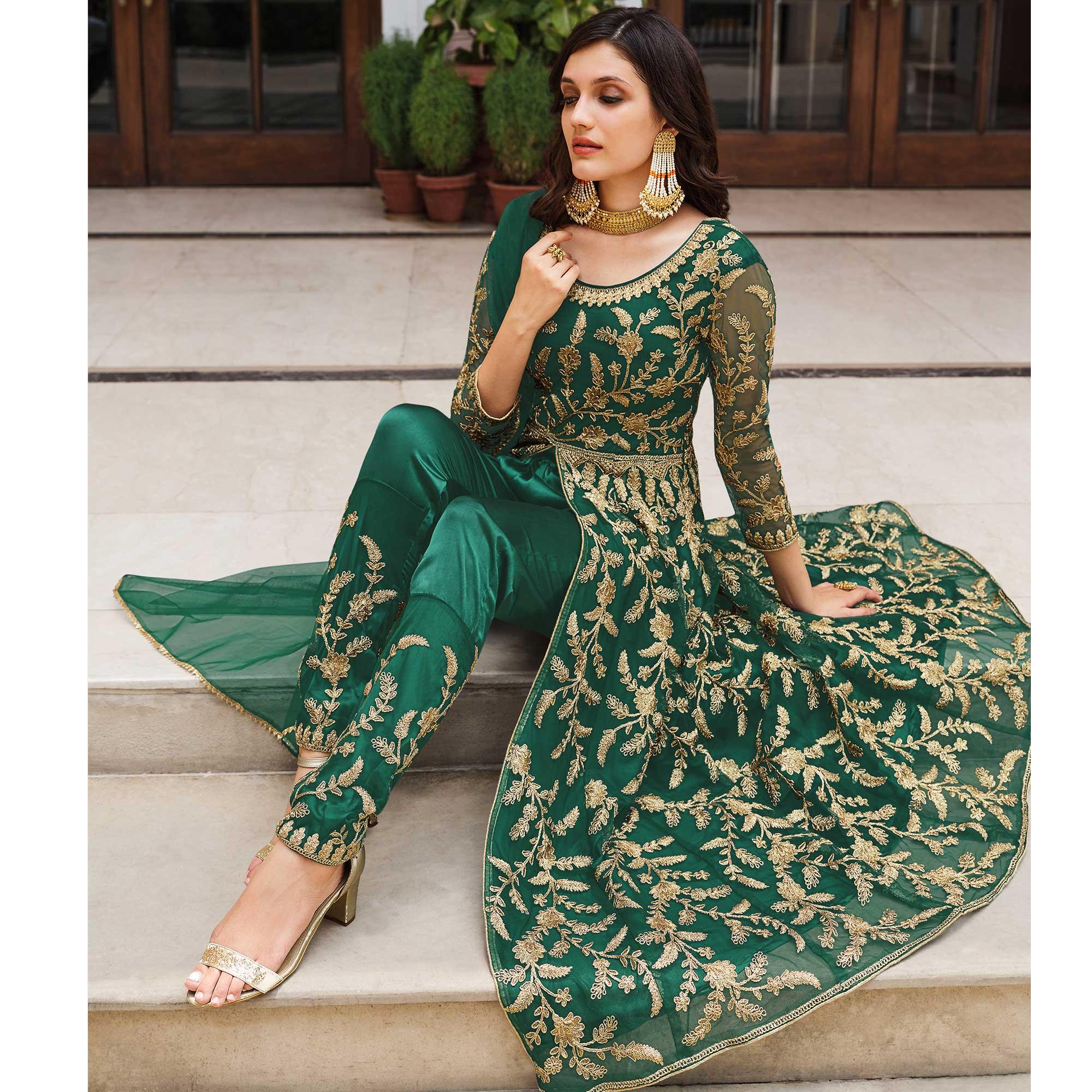 Green Floral Sequence Embroidered Net Suit - Peachmode
