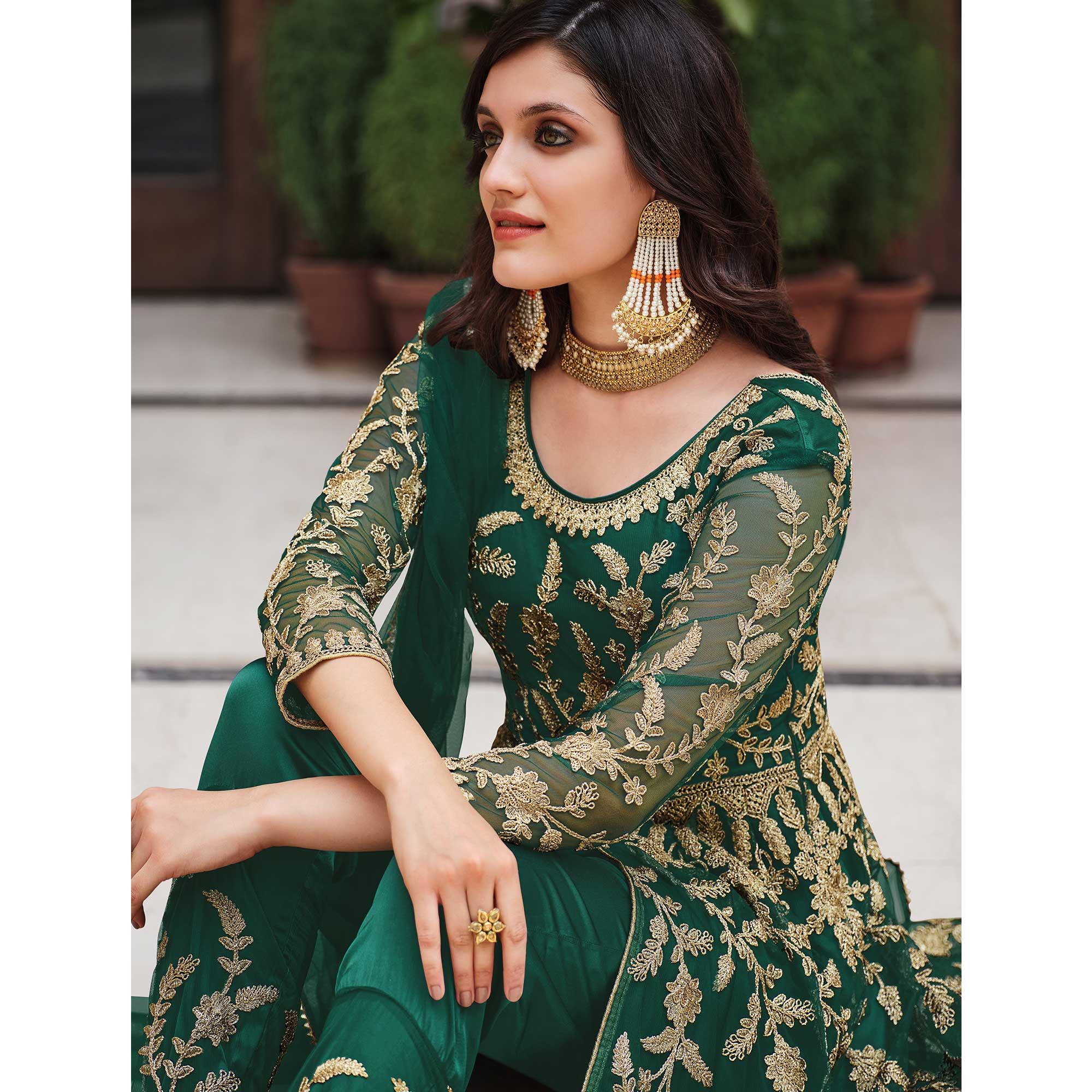 Green Floral Sequence Embroidered Net Suit - Peachmode