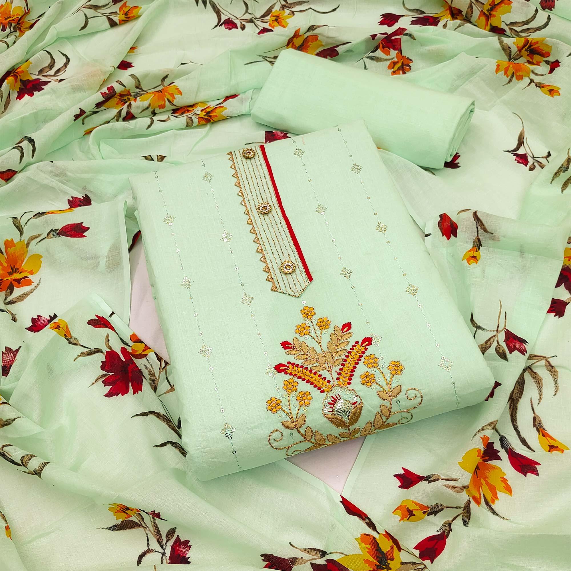 Green Floral Sequence Embroidered Pure Cotton Dress Material - Peachmode