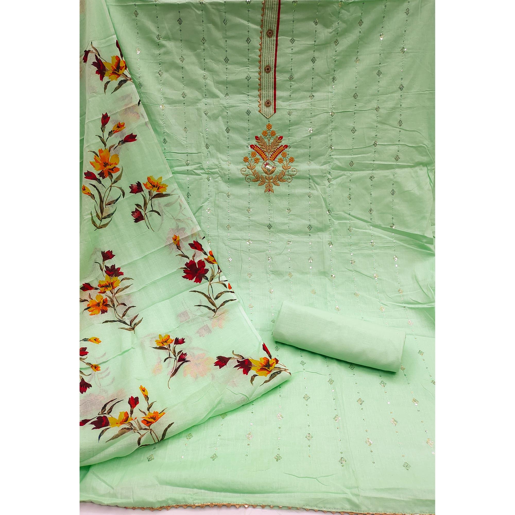 Green Floral Sequence Embroidered Pure Cotton Dress Material - Peachmode