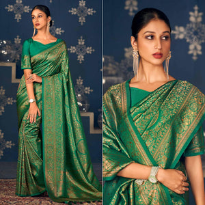 Green Floral Woven Art Silk Saree - Peachmode